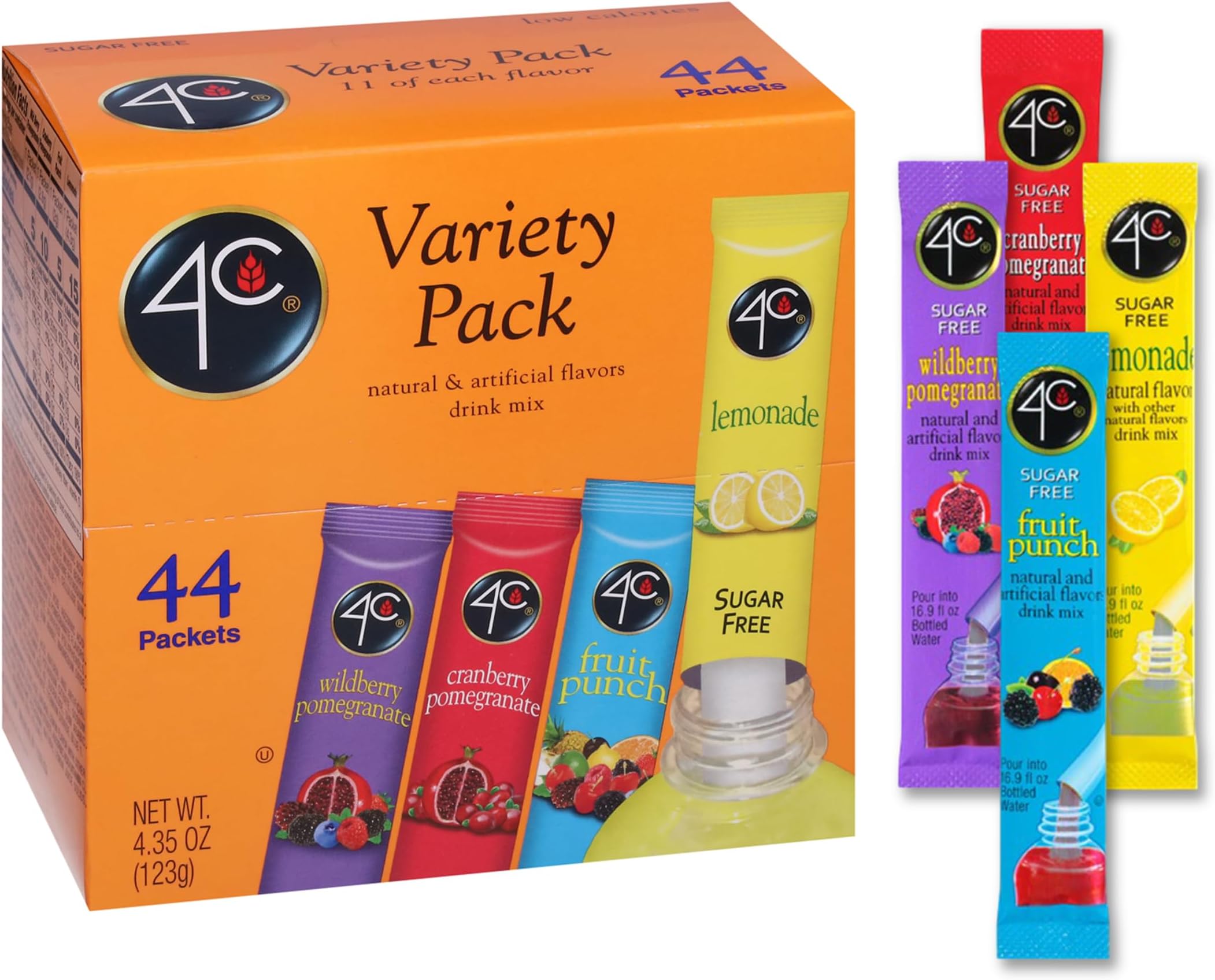 4C Powder Drink Mix Packets, PSD Variety 1 Pack, 44 Count, Singles Stix On the Go, Refreshing Sugar Free Water Flavorings (11 Each Wild Berry Pomegranate, Cranberry-Pomegranate, Fruit Punch, Lemonade)