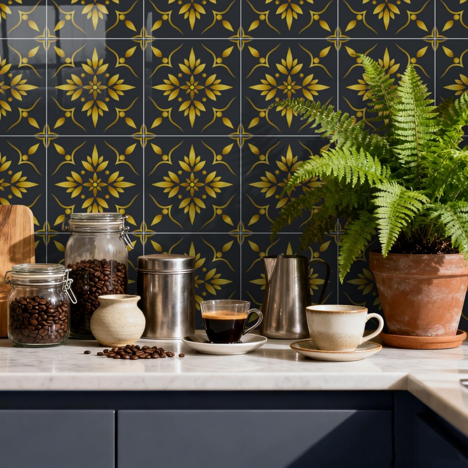 LMYSXAOZ Tile Stickers Golden Flower Waterproof Vinyl Stick on Tiles Backsplash Self Adhesives Peel and for Bathroom 10 PC(15X15cm)
