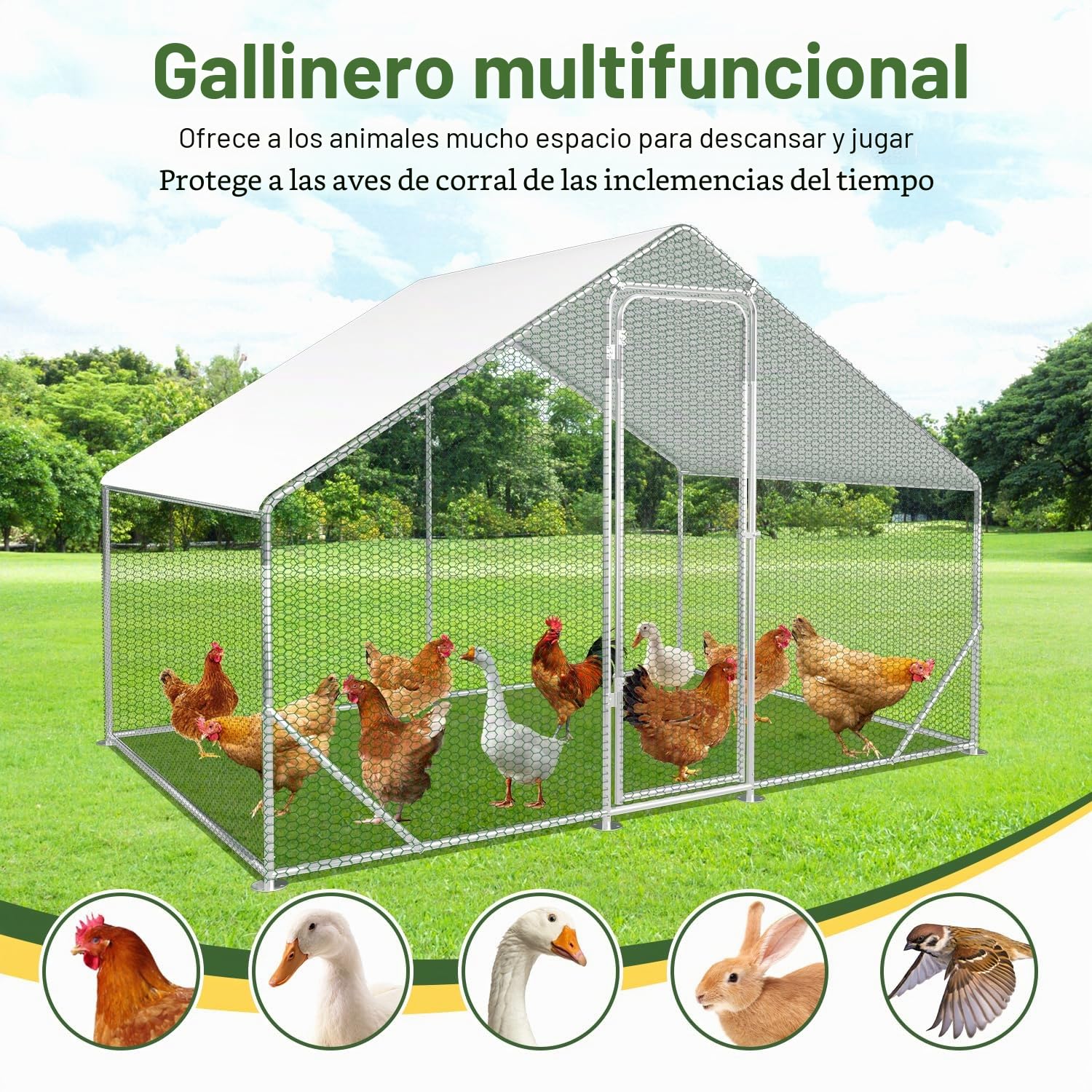 Gallinero con zona libre, 3x2x2m con cerradura de seguridad y tela impermeable de PE, fácil de limpiar, zona libre para gallinas, jaula para pájaros, pequeños animales y plantas