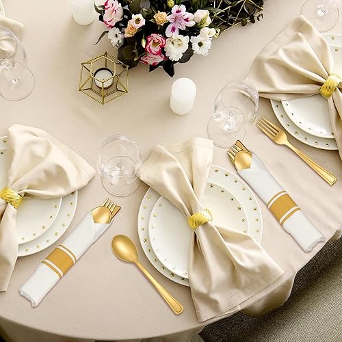 Vista 7 de Mifoci Juego de 200 cubiertos de plástico dorado preenrollados, juego de cubiertos desechables envueltos con 200 servilletas, 200 tenedores, 200