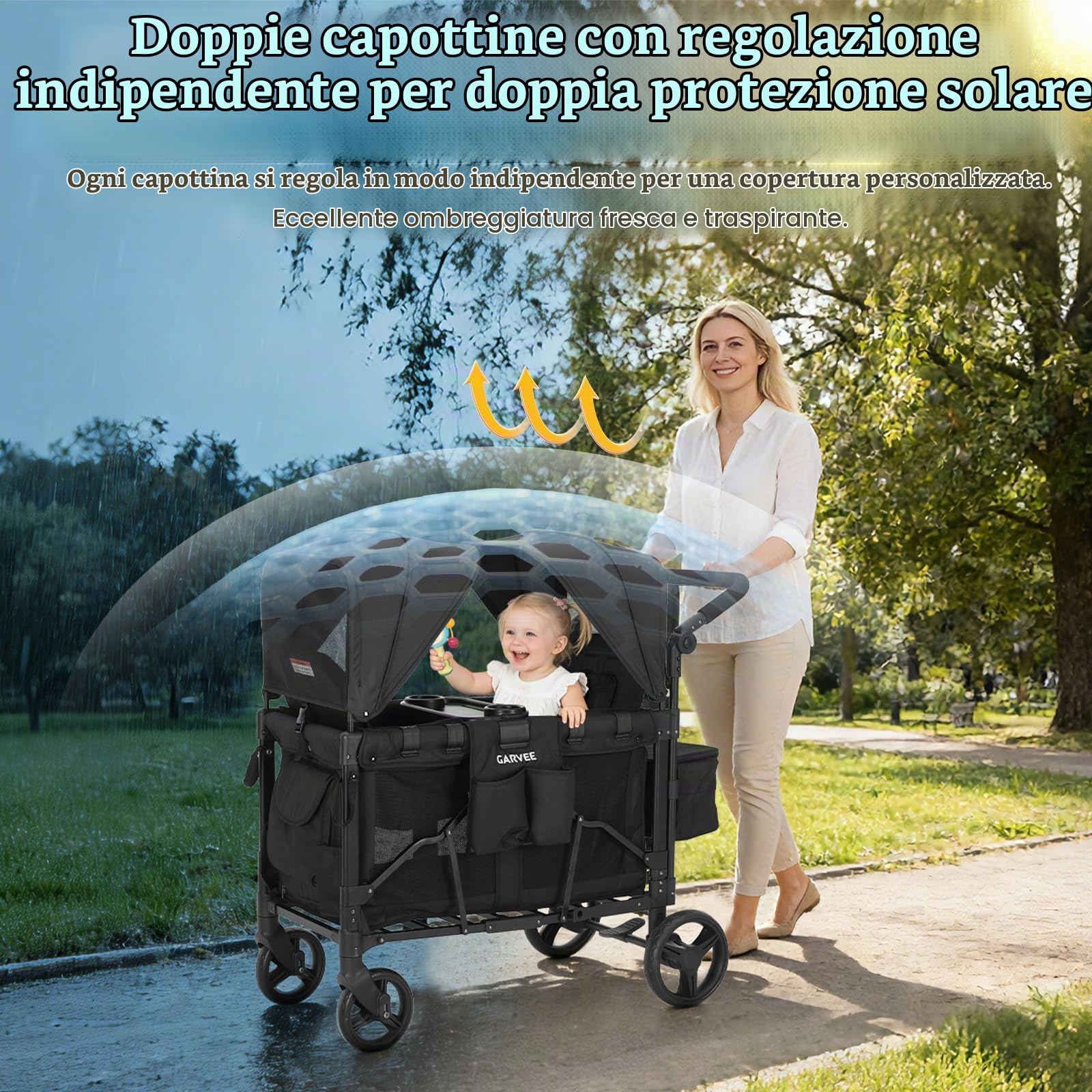Carrello da Spiaggia, Carrello Pieghevole con Tetto per 2 Bambini, Carrello Spiaggia Bambini con Manico Regolabile e Ripiano per Snack, Tettuccio Rimovibile, Ruote In Poliuretano con Freni, Custodia