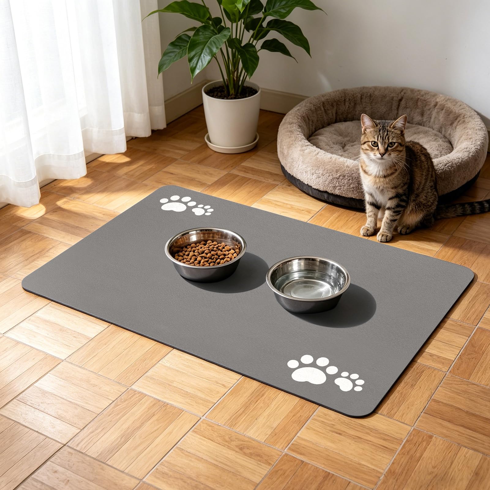 SARTNP Pet Feeding Mat, Absorbent Dog Mat for Food and Water, Quick Dry Water Dispenser Cat & Dog Food Mat, Easy to Clean Dog Bowl Mat, No Stains Pet Placemat (Light Grey, 30 x 50 cm)
