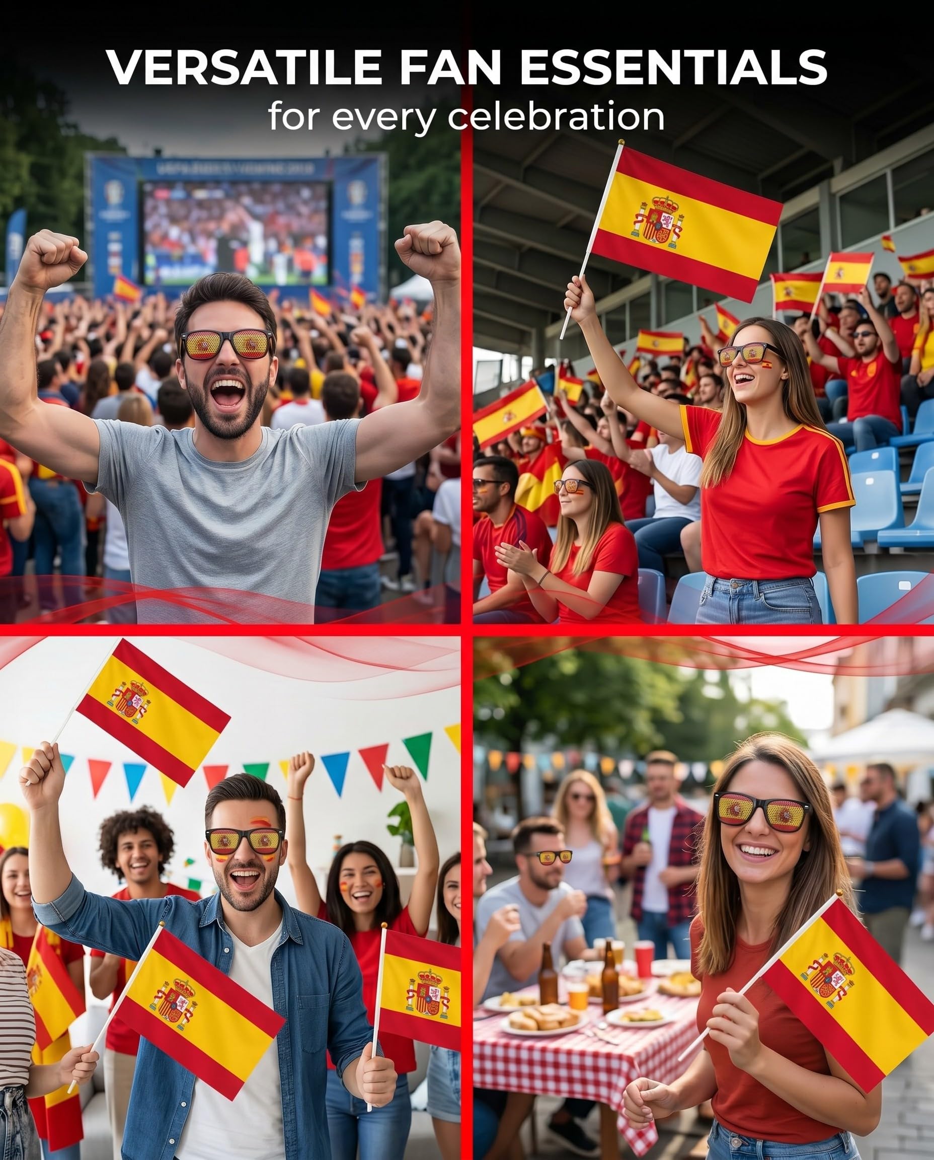 TISCH Set Fan Spagna: 2 Occhiali da Sole, 4 Bandiere 14x21cm per Mondiali, Europei | Outfit Festa & Public Viewing per Tifare la Squadra