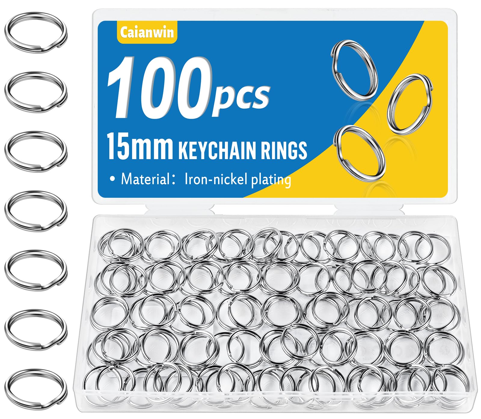 100 Stück Schlüsselringe 15mm, Caianwin Schlüsselring Metall Rund Schlüsselanhänger Ring für Schlüssel,Schlüsselanhänger Zubehör,Basteln,Ornamente und DIY