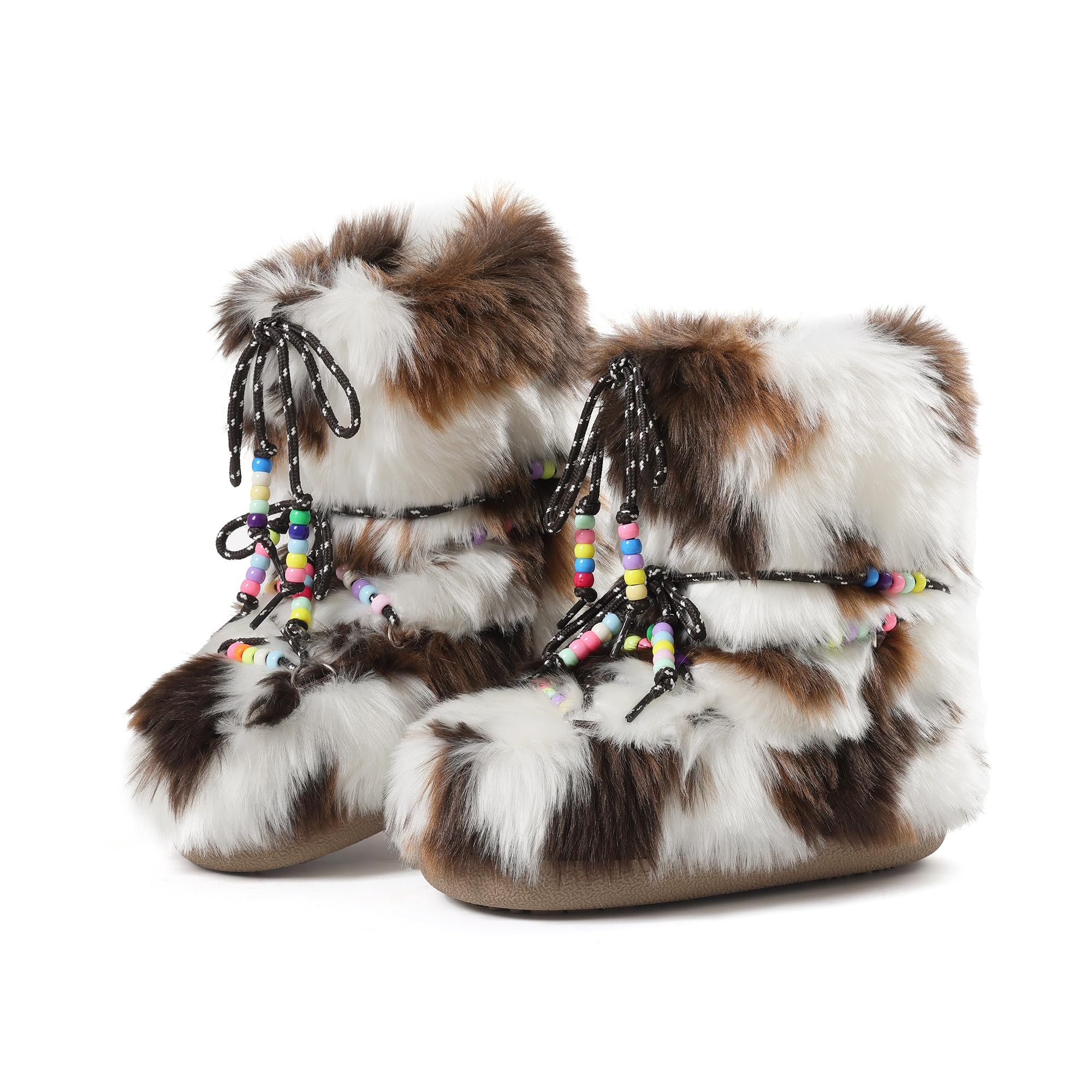 Women Snow Boots Faux Fur Mid Calf Boots Lace-up Fluffy Fuzzy Warm Comfortable Non-slip Round Toe Winter Flats