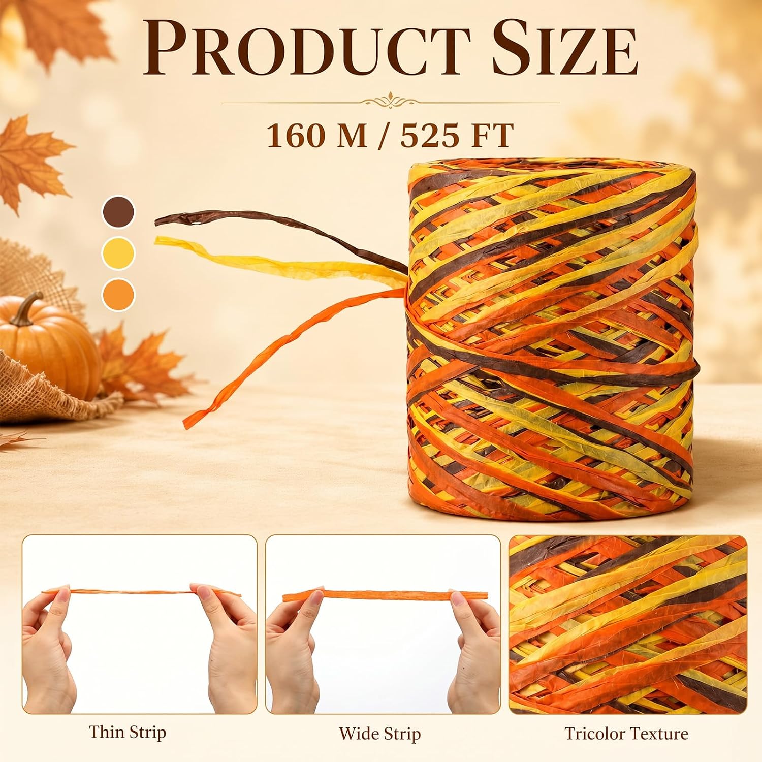 1 Pcs Autumn Raffia Ribbon, 525 Feet Colored Raffia Paper Ribbon, Matte Orange Yellow Brown Packing Paper String for Thanksgiving Gift Wrapping, DIY Crafts, Holiday Decoration