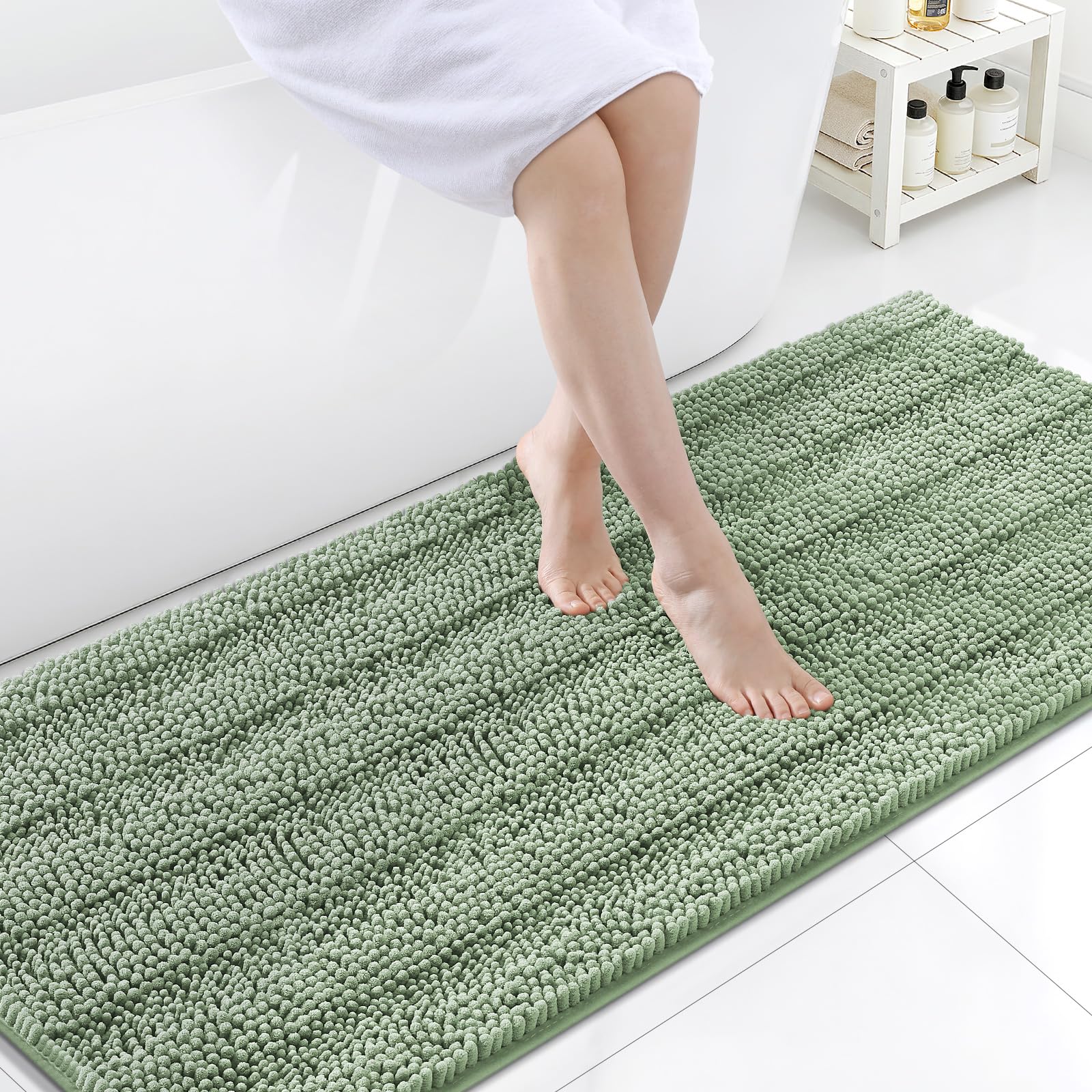 Grandaily Chenille Bathroom Rugs 59x24, Soft Bath Mats, Grayish Green