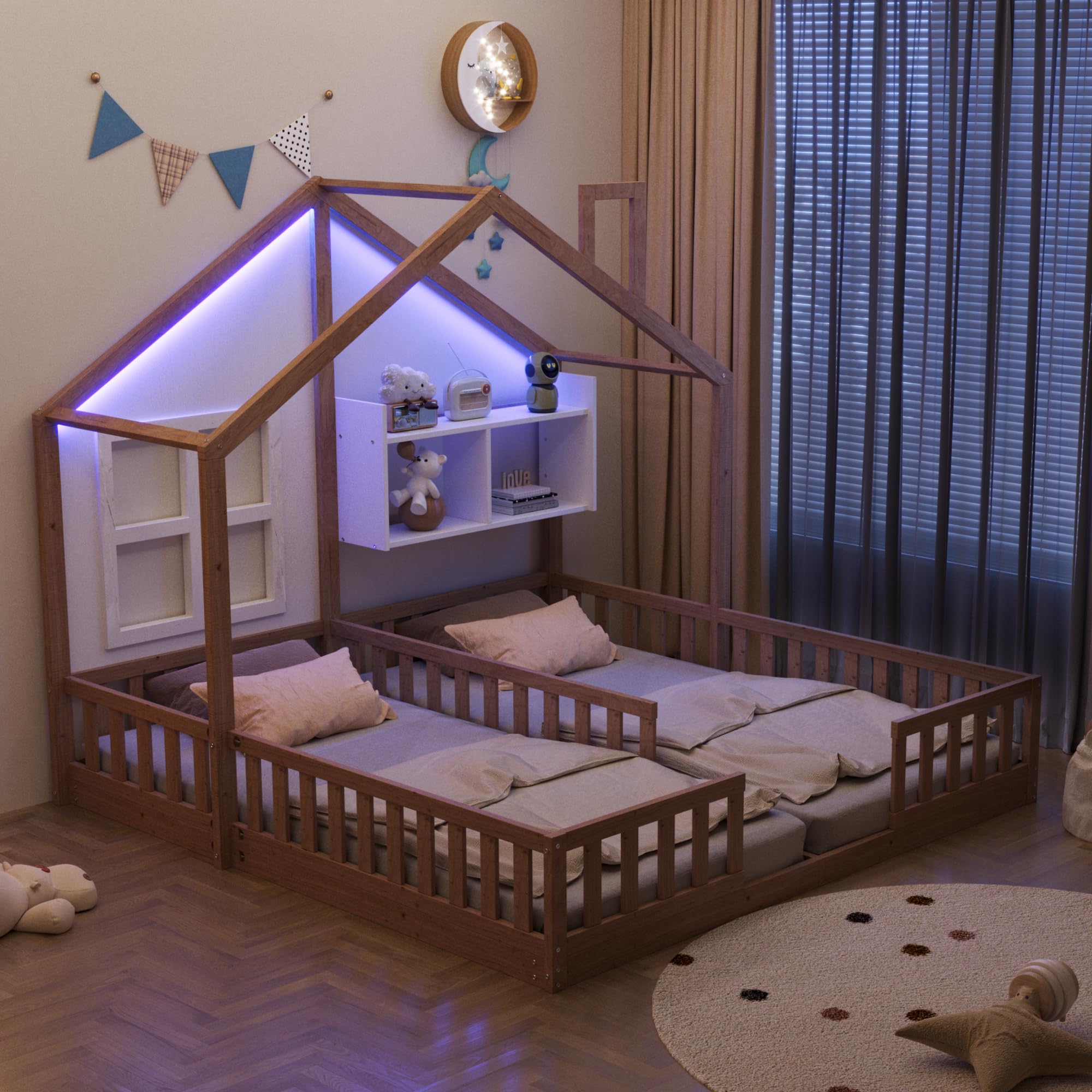 Kinderbett Bodenbett 180x200,Hausbett mit Rausfallschutz&Lattenrost,Montessori Bett mit Ablageflächen&LED-Beleuchtung,Freistehendes Doppelbett Gitterbett Bettgestell Spielbett,Ohne Matratze,Holzfarbe
