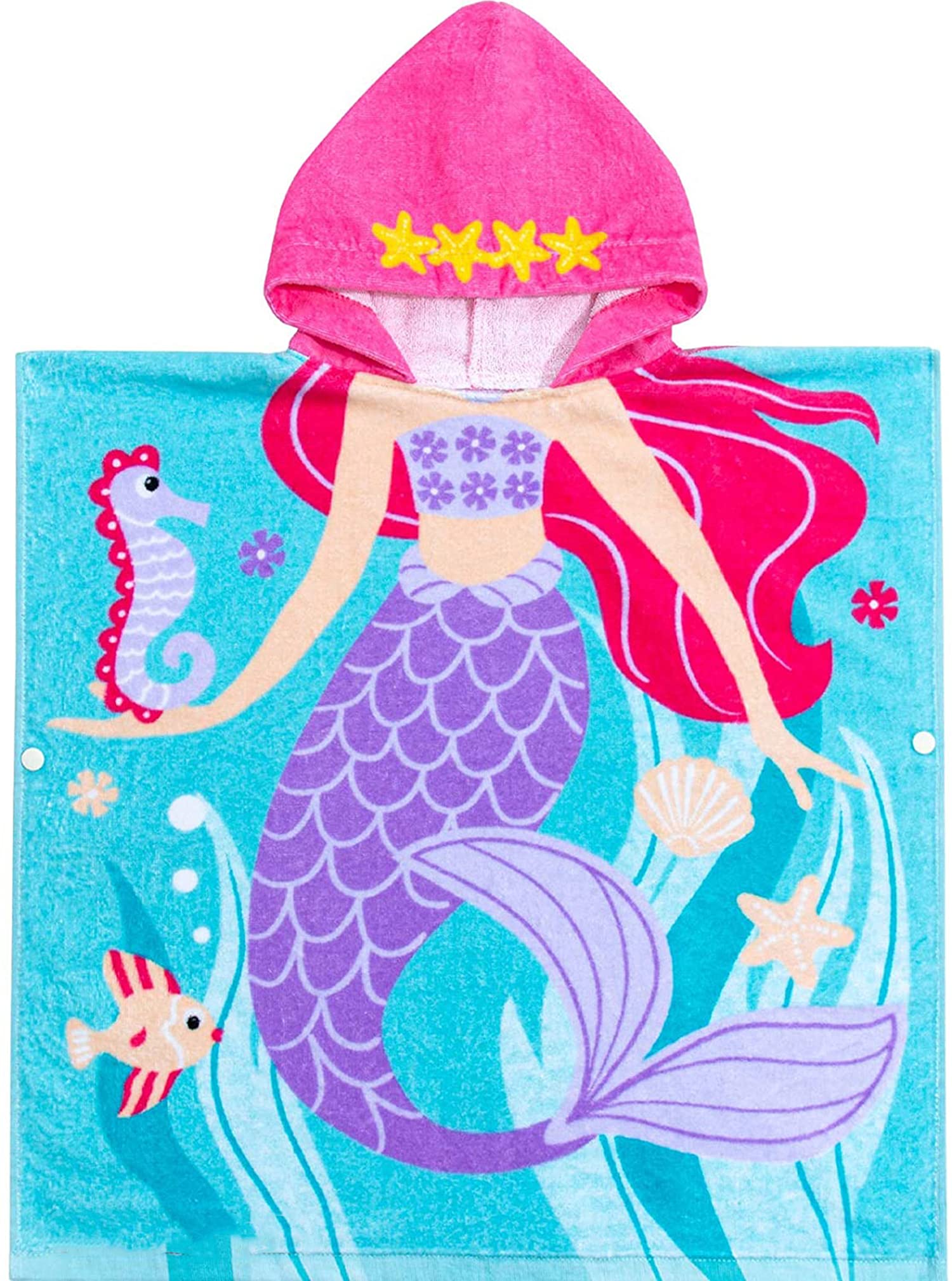 DELFINO Hooded Towel for Babys Toddlers, Boys Girls 12M to 5 Years, 48"x24" Cotton Wrap, Super Soft Absorbent Cotton, Multi-Use for Kids Bath Pool Beach Swim Bathroom Child Cover, Mermaid Purple