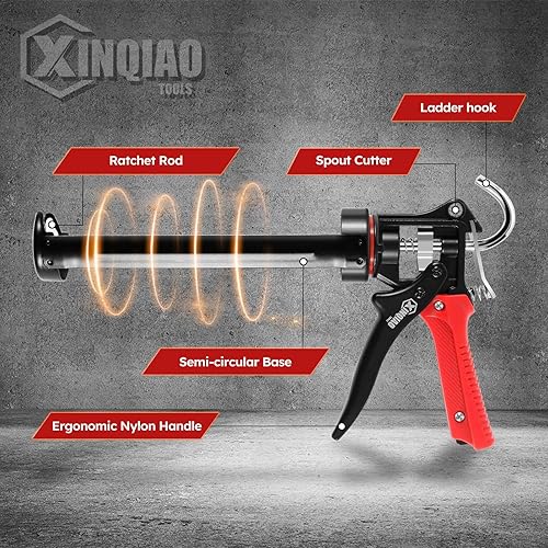 Miniatura 6 de XINQIAO Pistola de calafateo prémium y ahorro de mano de obra para cartuchos de silicona de 10 onzas, relación de empuje 18:1, rojo
