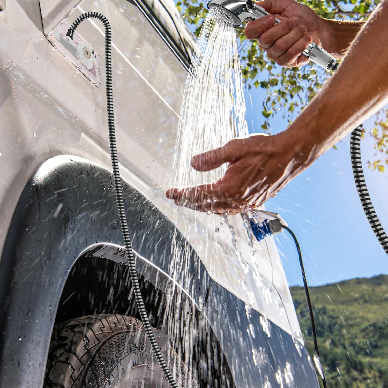 RV Shower Faucet Kit with Handheld Showerhead & Hose 4" On-Off RV Outdoor Shower Kits Leak & Rust Resistant for RV/Campers Travel Trailer Motorhome (Chrome)