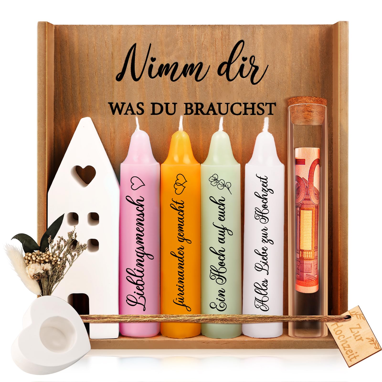 TUZELIYA Hochzeitsgeschenke für Brautpaar, Geldgeschenk Hochzeit | Mr & Mrs Hochzeitsgeschenk Geld, Kerzenset mit Kerzenständer, Paar Geschenke, Hochzeitstag, Nimm dir was du brauchst