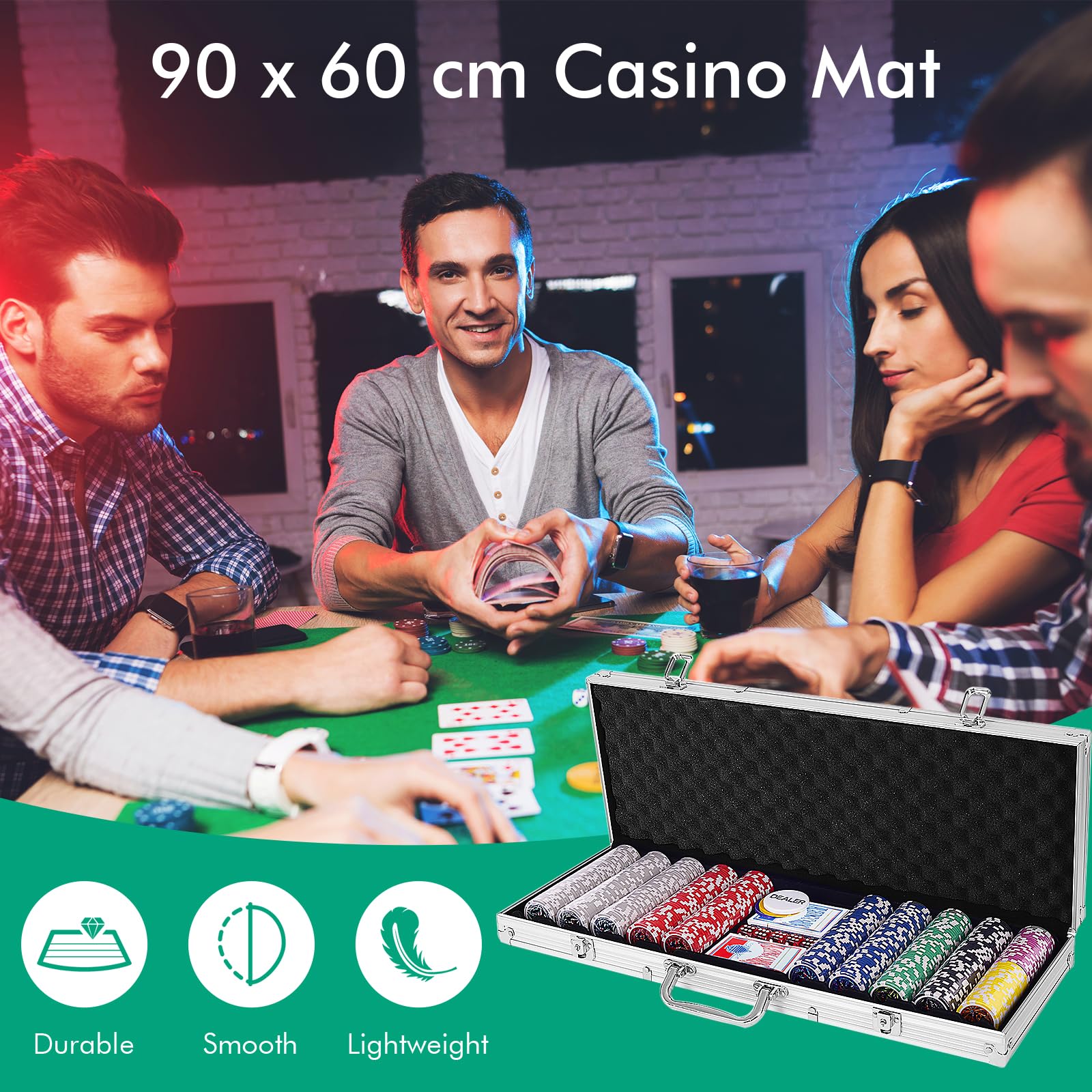 HOMASIS Juego de póquer con fichas láser, Estuche de póquer con 2 mazos de Cartas, 5 Dados, 1 botón de crupier, Juego de póquer con Cerradura, Cartas de póquer para Fiestas (Plata, 500 fichas láser)
