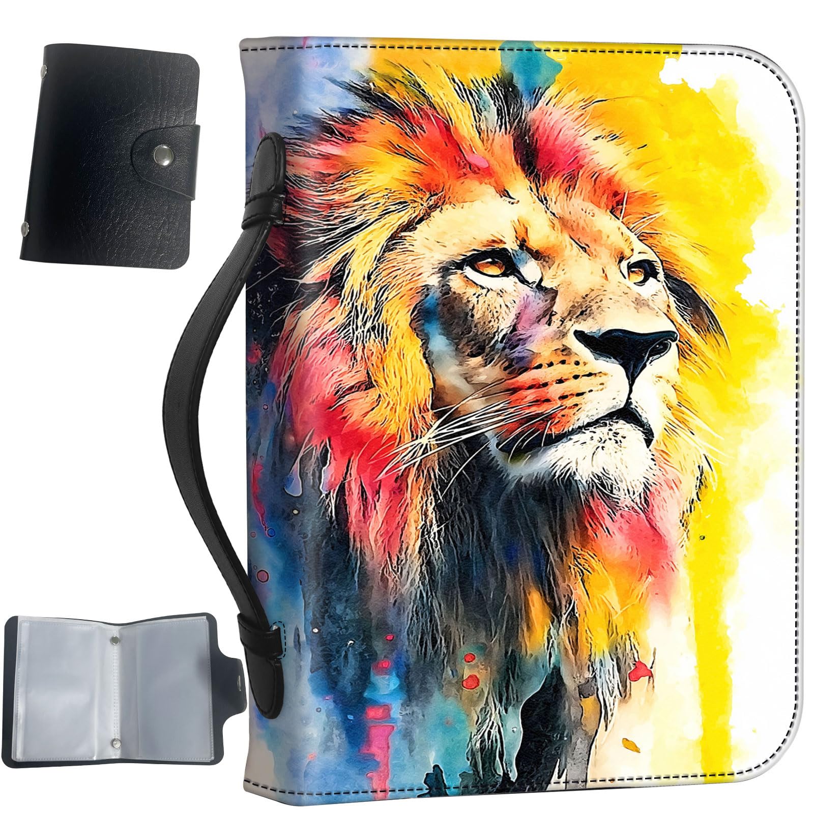 PU Leather Bible Cover with Handle & Pockets, Large Capacity Bible Case, Water-Resistant Scripture Organizer Bag with Bonus Card Holder, Christian Gift for Women & Men, Colorful Lion