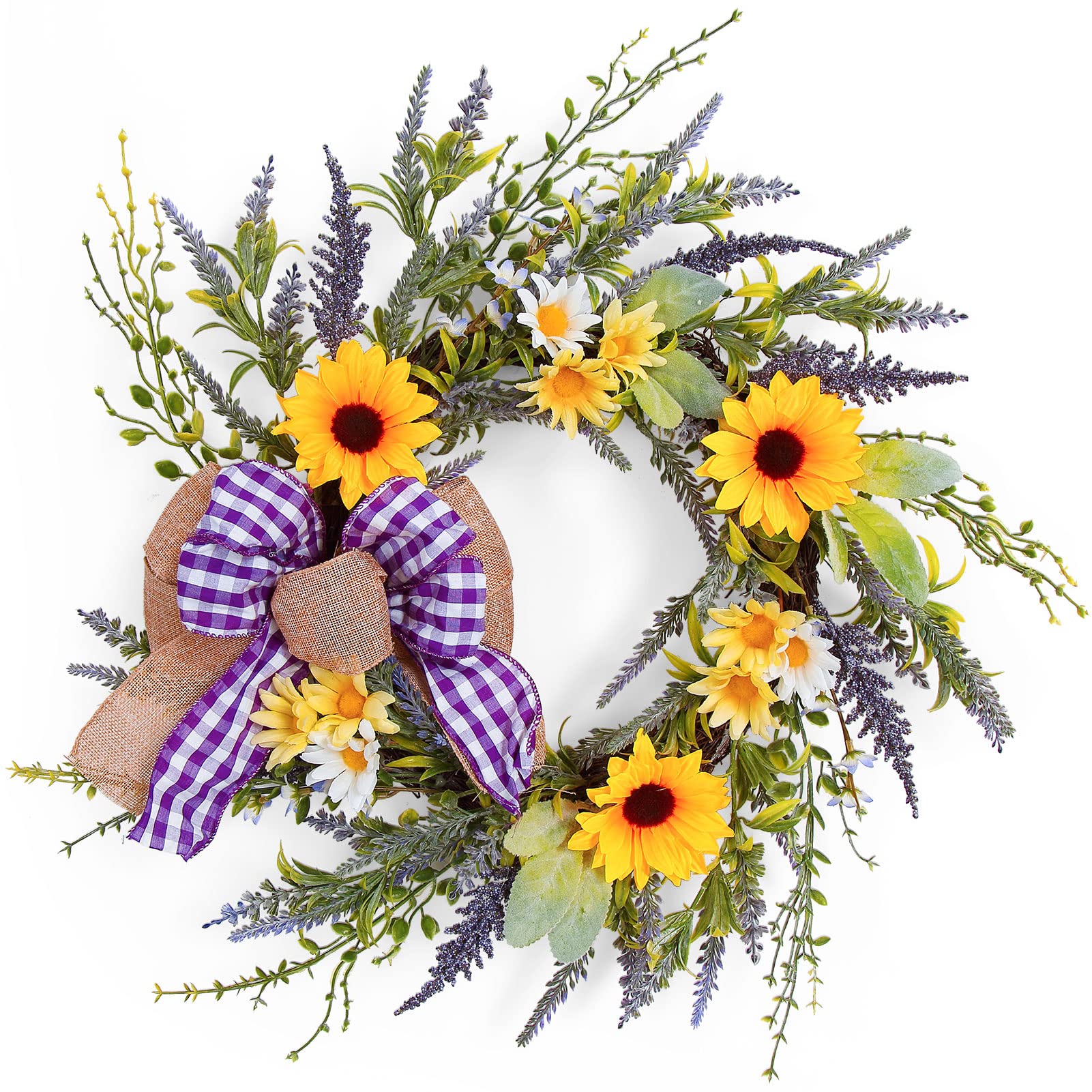 LinTimes Artificial Spring Wreath, 24” Lavender Wreath Spring/Summer Floral Wreath for Home Window Farmhouse Indoor Outdoor