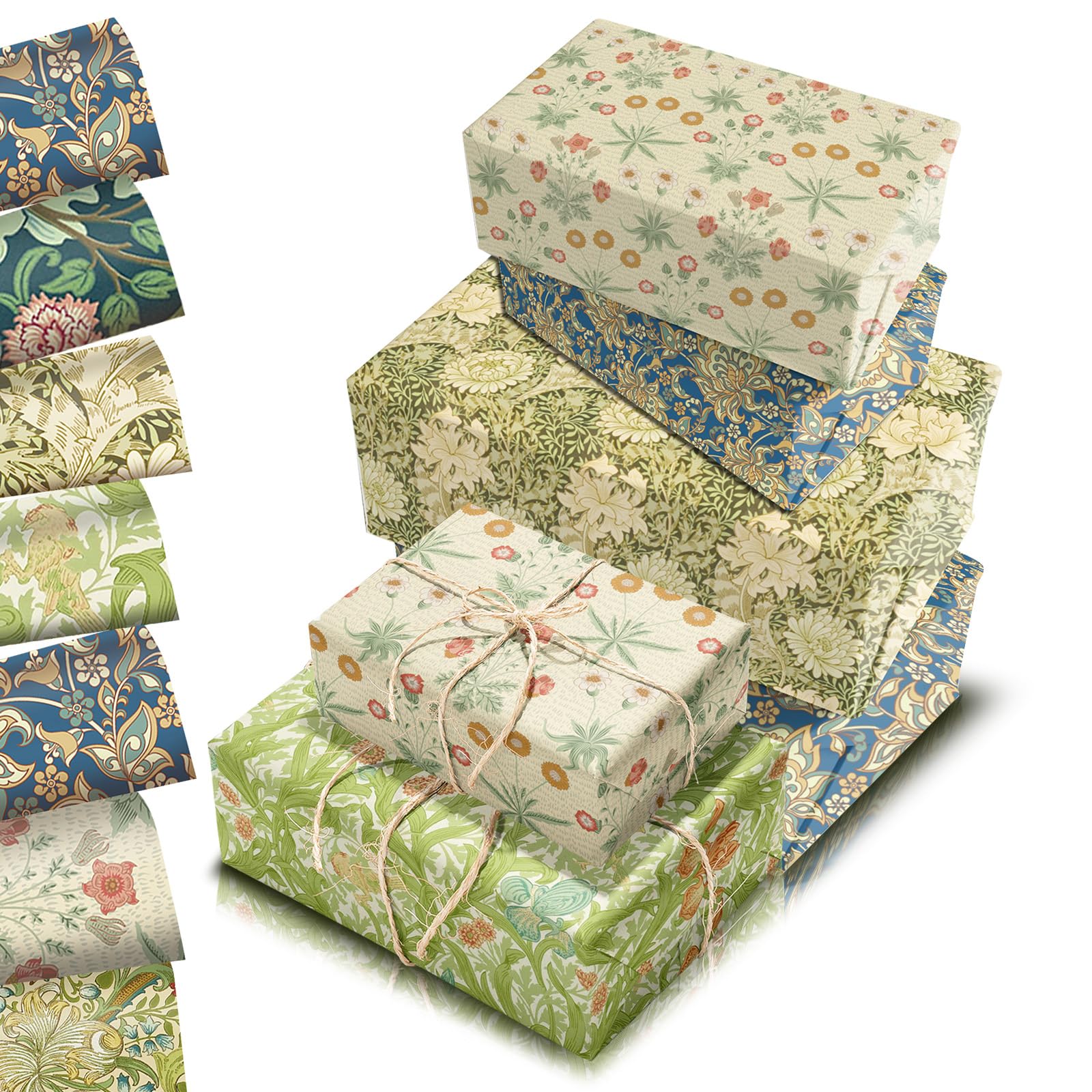 William Morris Wrapping Paper Sheets 68x50cm,12 Sheet Retro Floral Greenery Gift Wrapping Paper,Recyclable Vintage Green Vines Flowers Wrapper for Women Girls Birthday Party Gift Wrap Boxes Decoration