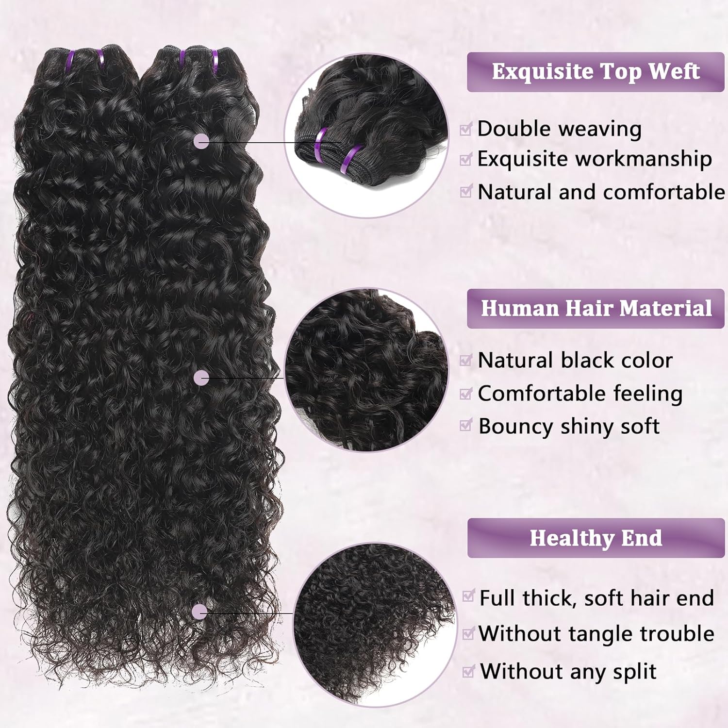 Beauty Queen 16A Raw Hair Water Wave Bundles 14 16 18 Inch 3 Bundles 100% Unprocessed Brazilian Virgin Hair Bundles Quick Weaves Water Curly Hair Extensions Natural Black