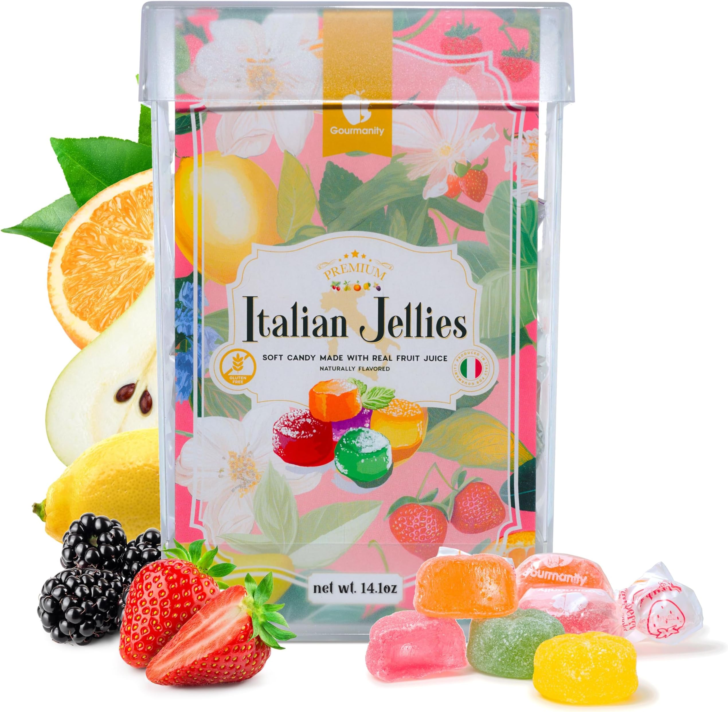 Gourmanity Italian Jelly Fruit Candy With Real Fruit Juice, Soft Bite Authentic Italian Candy, Individually Wrapped Gourmet Candy, In a Giftable 14.1oz Box