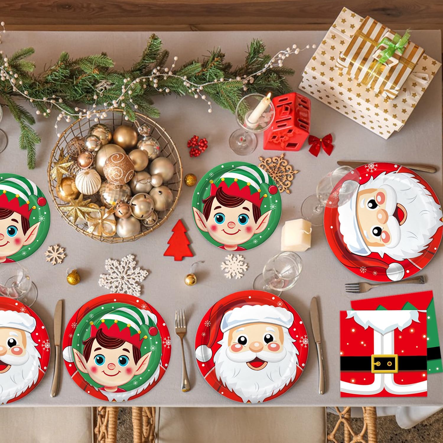 144 PCS Christmas Party Decorations - Christmas Party Supplies Set Includes Paper Plates, Napkins, Cups, Forks, Knives for Holiday Xmas Party Decorations, Serves 24