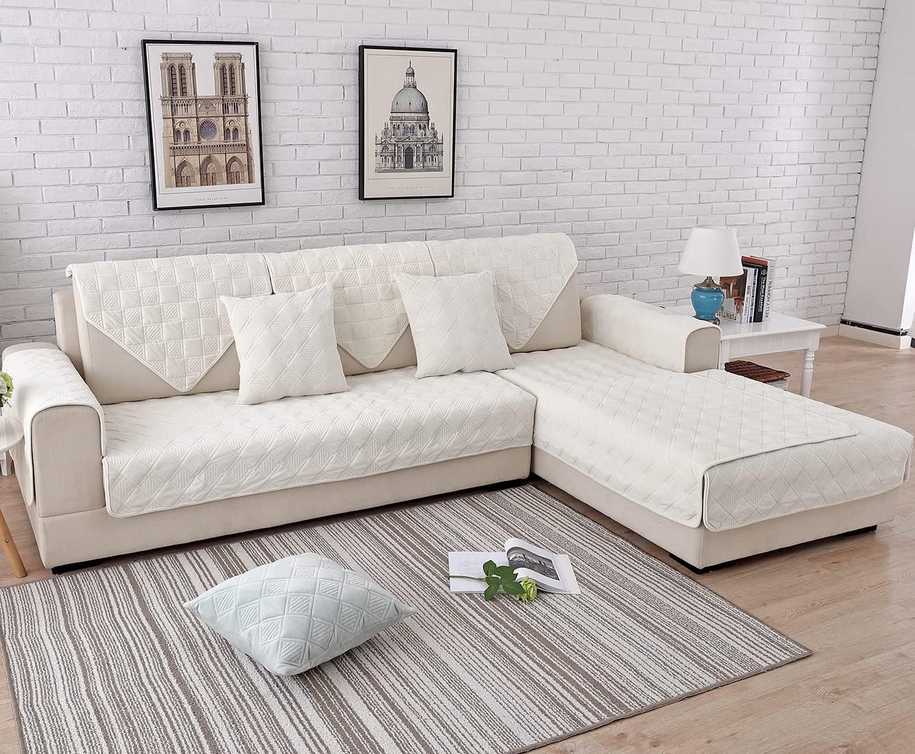 vctops Diamond Plush Sofa Couch Cover Soft Velvet Sectional Couch Covers Non-Slip Sofa Slipcover for Dogs Cats Pet Love Seat Recliner Leather L Shaped, Armrest Backrest Cover (Cream,36"x63")