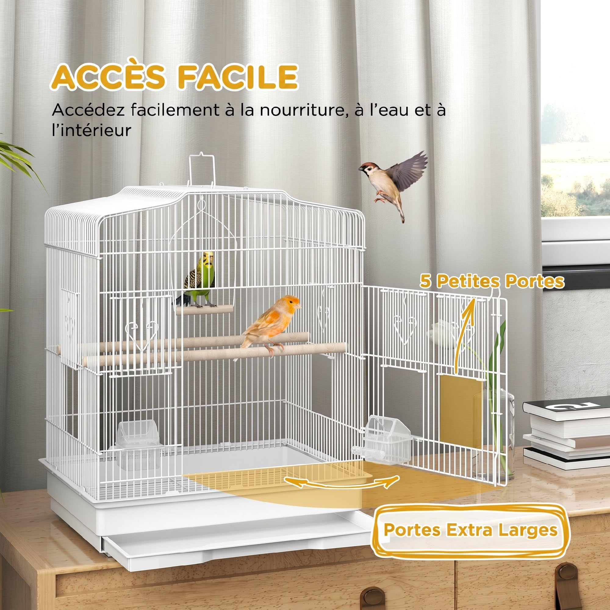 PawHut Cage à Oiseaux Volière, avec Mangeoires, 46,5 x 36 x 59 cm Blanc | Perchoirs, Plateau Excrément Amovible, Cage pour Canaris, Perruches, Petits Perroquets