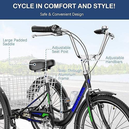 Miniatura 2 de Triciclo para adultos de 7 velocidades y 3 ruedas para adultos, triciclo de crucero con cesta para personas mayores, mujeres, hombres, para compras