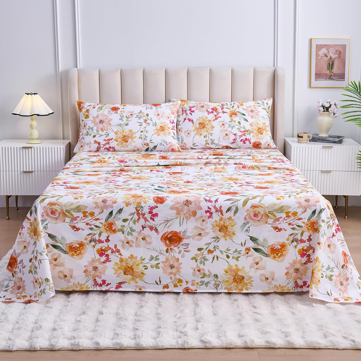 YIYEA 100% Cotton Sheets Full Size, Ultra Soft Cozy Floral Bed Sheets Set for All Season, Sateen Weave, 16" Deep Pocket, 4PC, Full