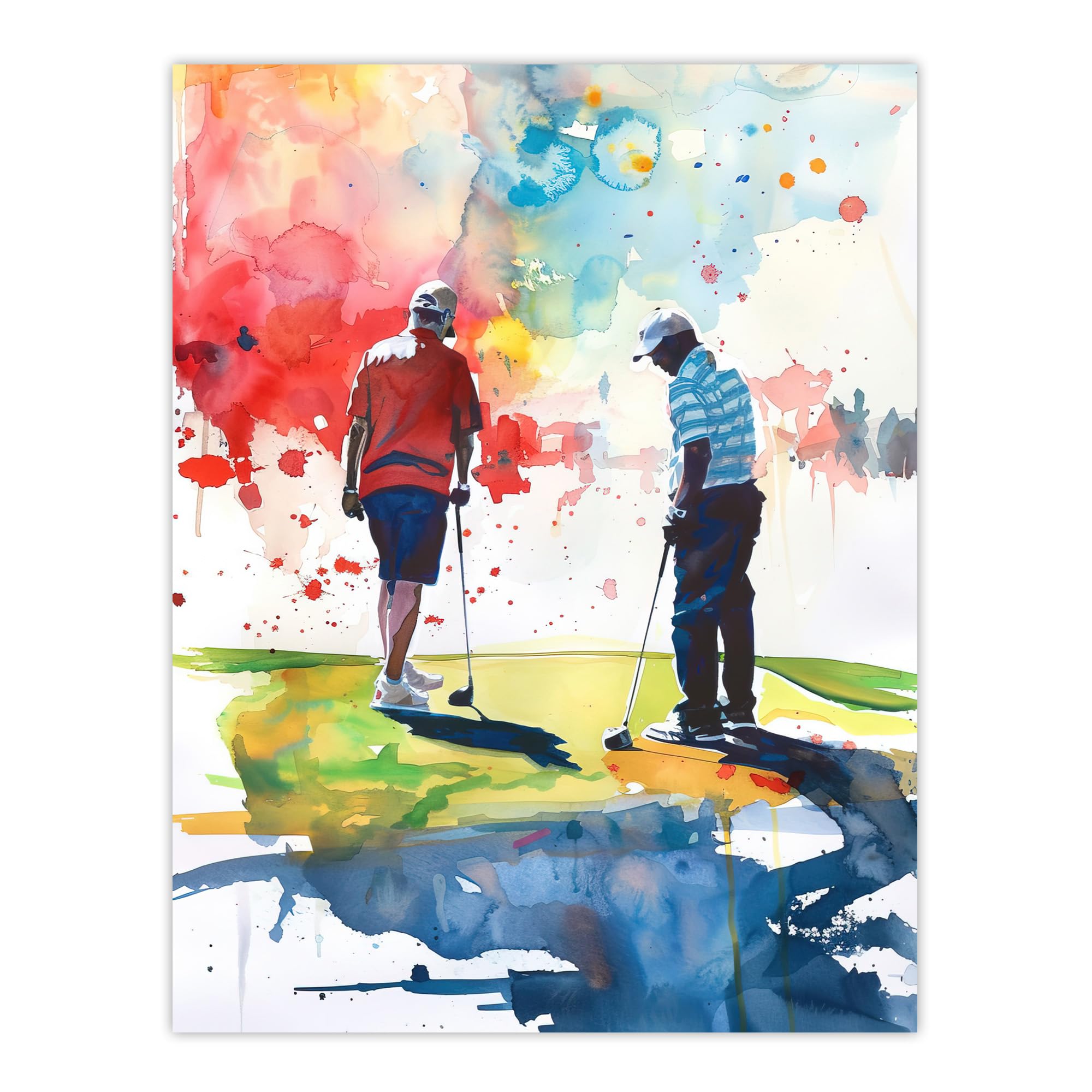 Artery8 Two Friends Golfing Putting Watercolour in Sun Man Cave Fathers Day Large Wall Art Poster Print Thick Paper 18X24 Inch