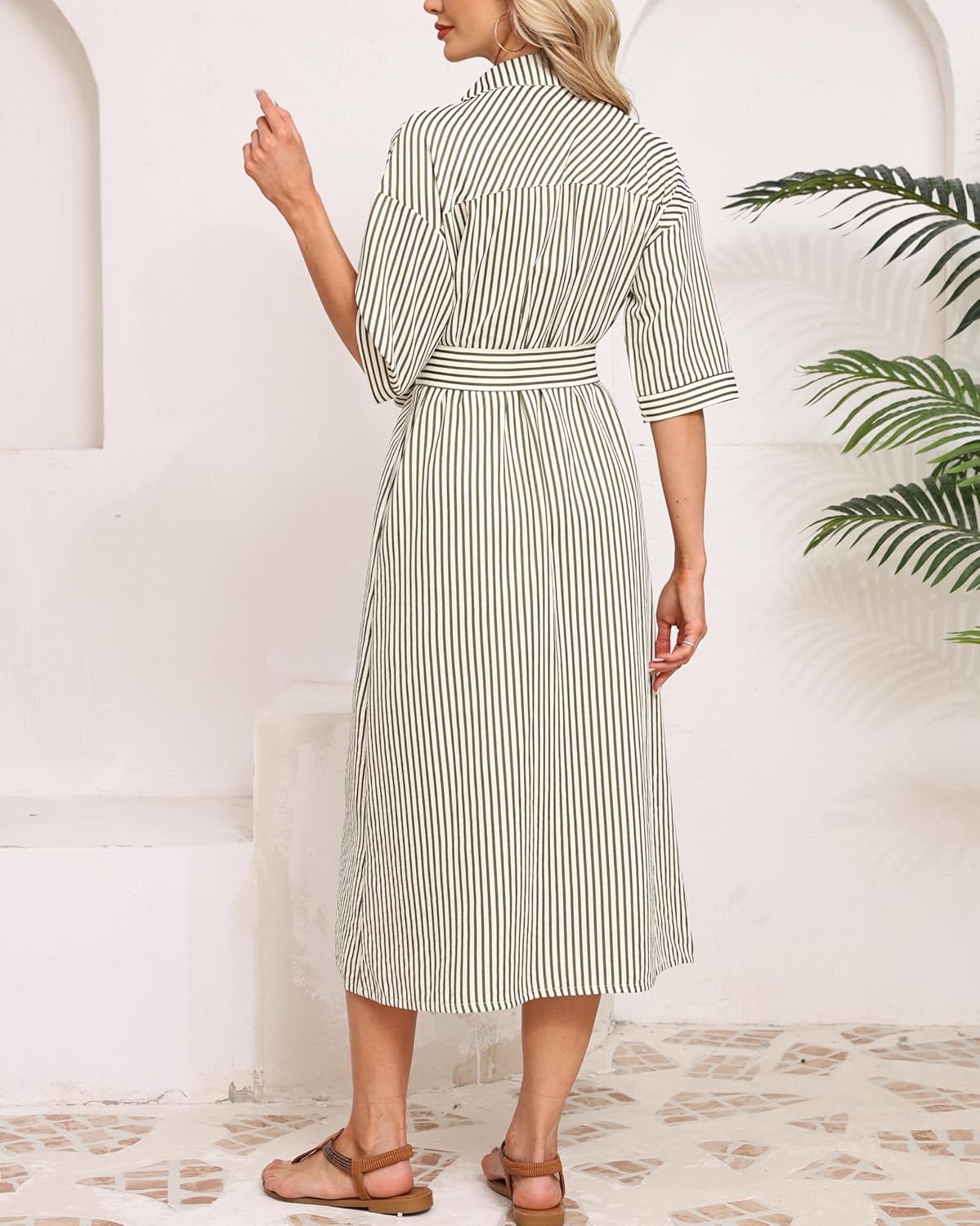 Women's Half Sleeve Plaid Maxi Dress 2026 Spring Summer Gingham Casual Button Down Long Loose Belted Dress - Image 4