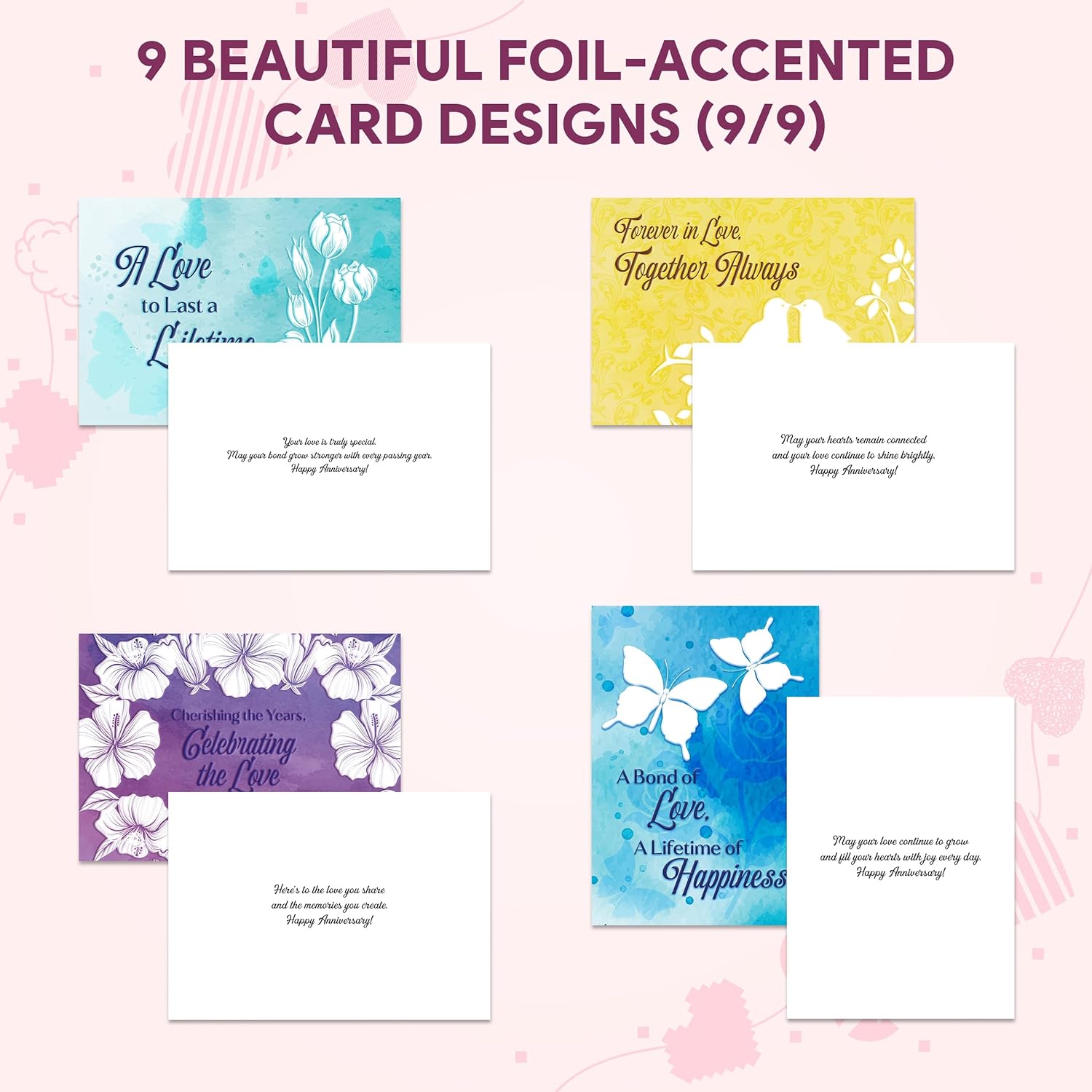 Decorably 18 Pack Foiled 5x7in Textured Happy Anniversary Cards for Couples with Envelopes and Stickers, 9 Lovely Designs for Parents, Grandparents, with Printed Message Inside - Gifting, Mailing - Image 5