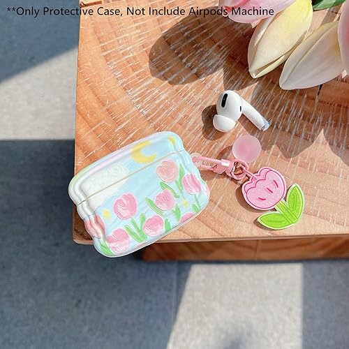 Miniatura 7 de PHOEACC Bonita funda para Airpod Pro (no compatible con Airpod 3rd 2021) flor con llavero floral en forma de onda, funda protectora de TPU suave