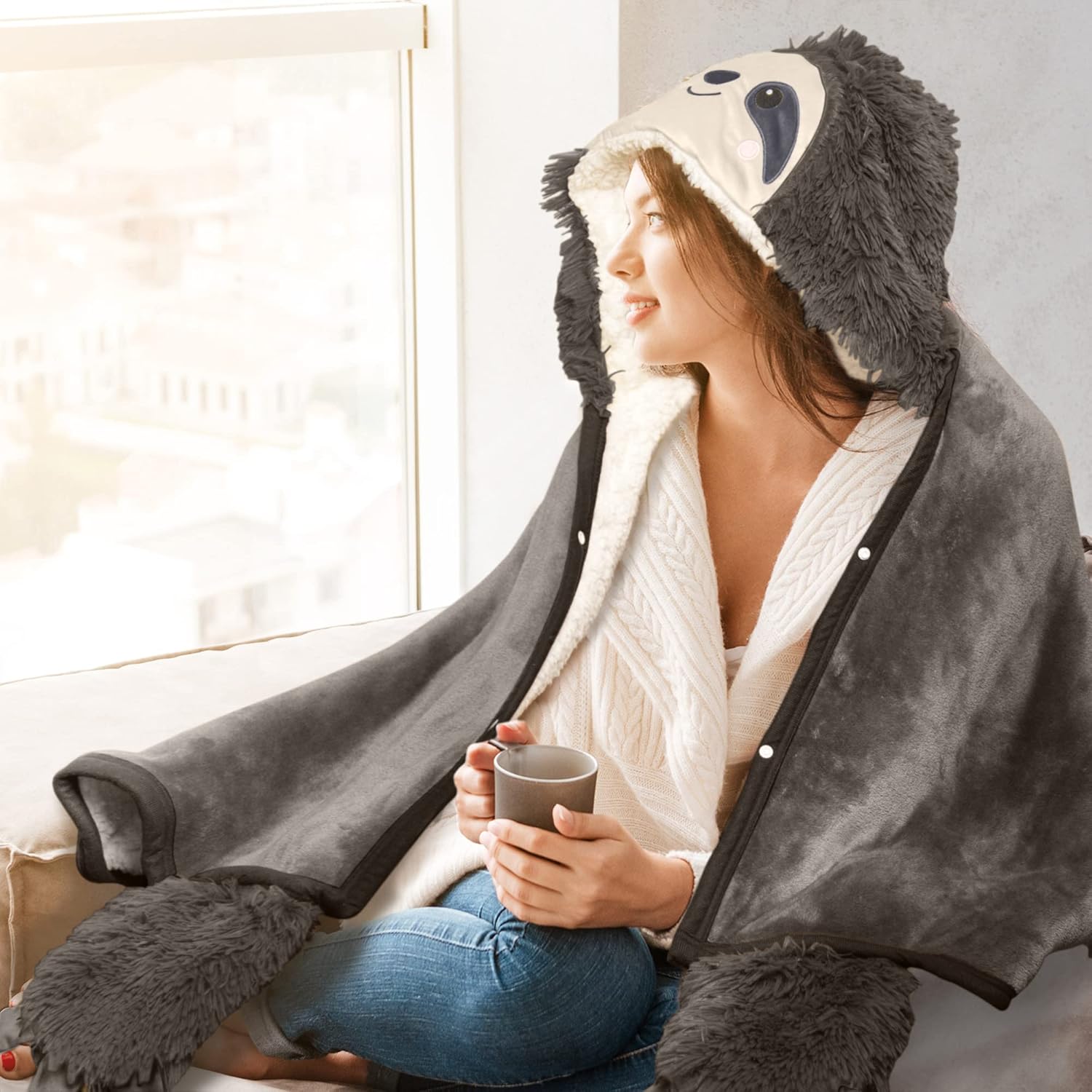 Sloth Wearable Hooded Blanket for Adults - Super Soft Warm Cozy Plush Flannel Fleece & Sherpa Hoodie Throw Cloak Wrap - Sloth Gifts for Women Adults and Kids - Image 6