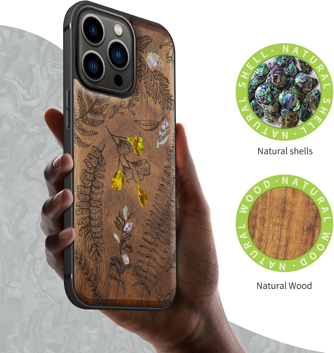 Carveit Designer Wooden Protective Case for iPhone 13 Pro Magnetic Cover [Wood Engraving & Shell Inlay] Compatible with 13 Pro MagSafe (Fern Leaves & Herbs-Walnut)