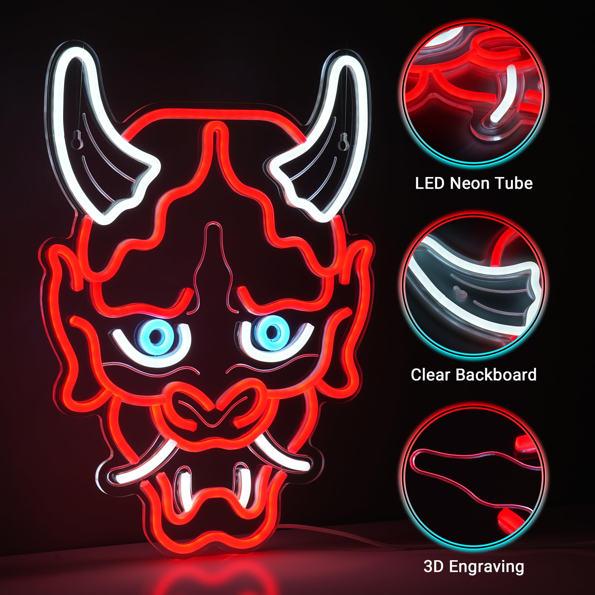 Kavaas Insegna al neon con maschera Hannya, insegna al neon giapponese anime per stanza dei videogiochi, bar, decorazione per studio tatuaggi, luce al neon a LED per camera da letto ragazzi