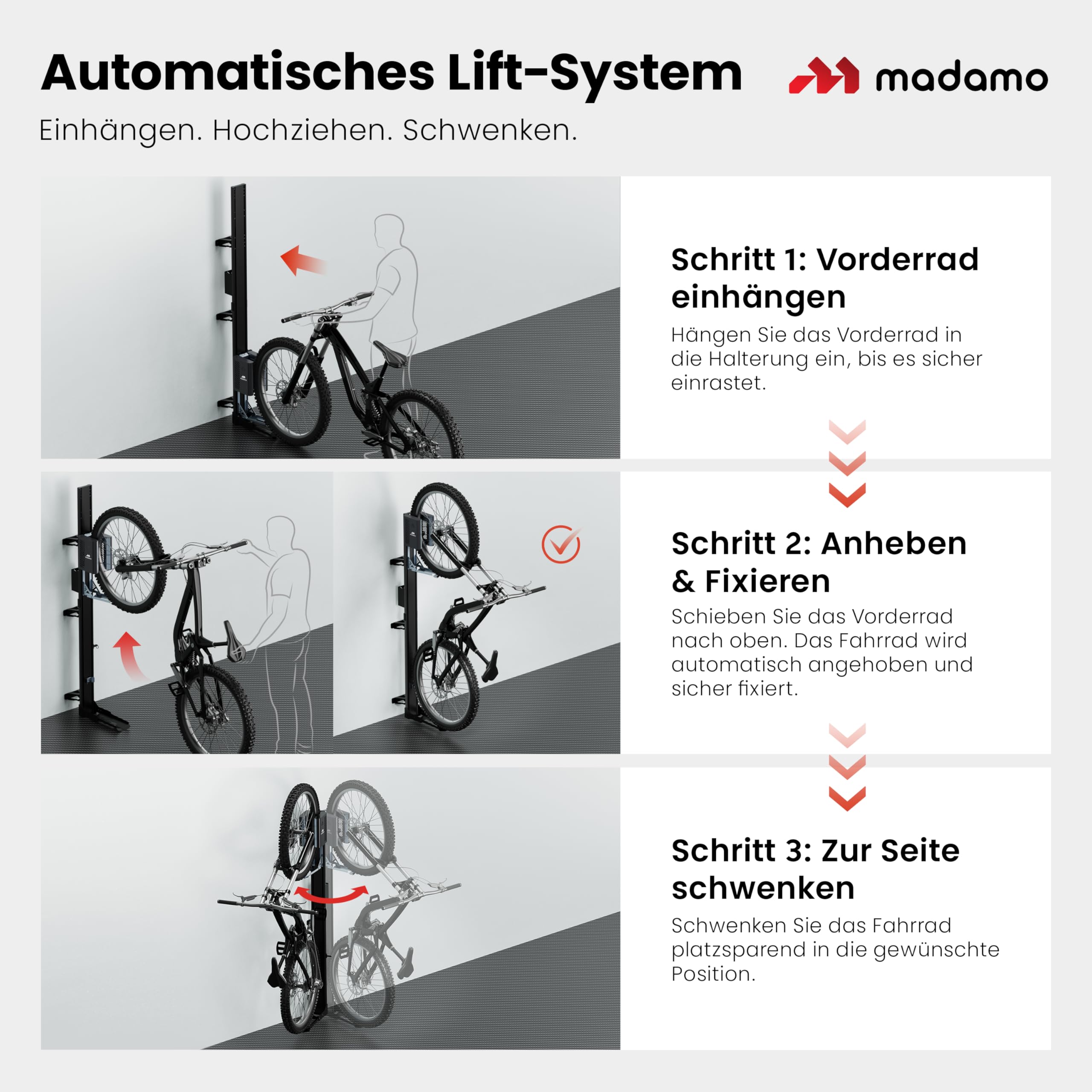 MADAMO Fahrradlift schwenkbar - Fahrrad Wandhalterung vertikal bis 32kg - Fahrradaufhängung Wand - Bike Wall Mount für Garagen Ordnung - Für alle Fahrradtypen inkl E-Bike, MTB & Rennrad - Schwarz/Rot