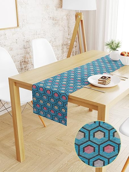 S9home 6 Seater Geometrical Turquoise Chenille Jacquard Table Runner 72x12 inches