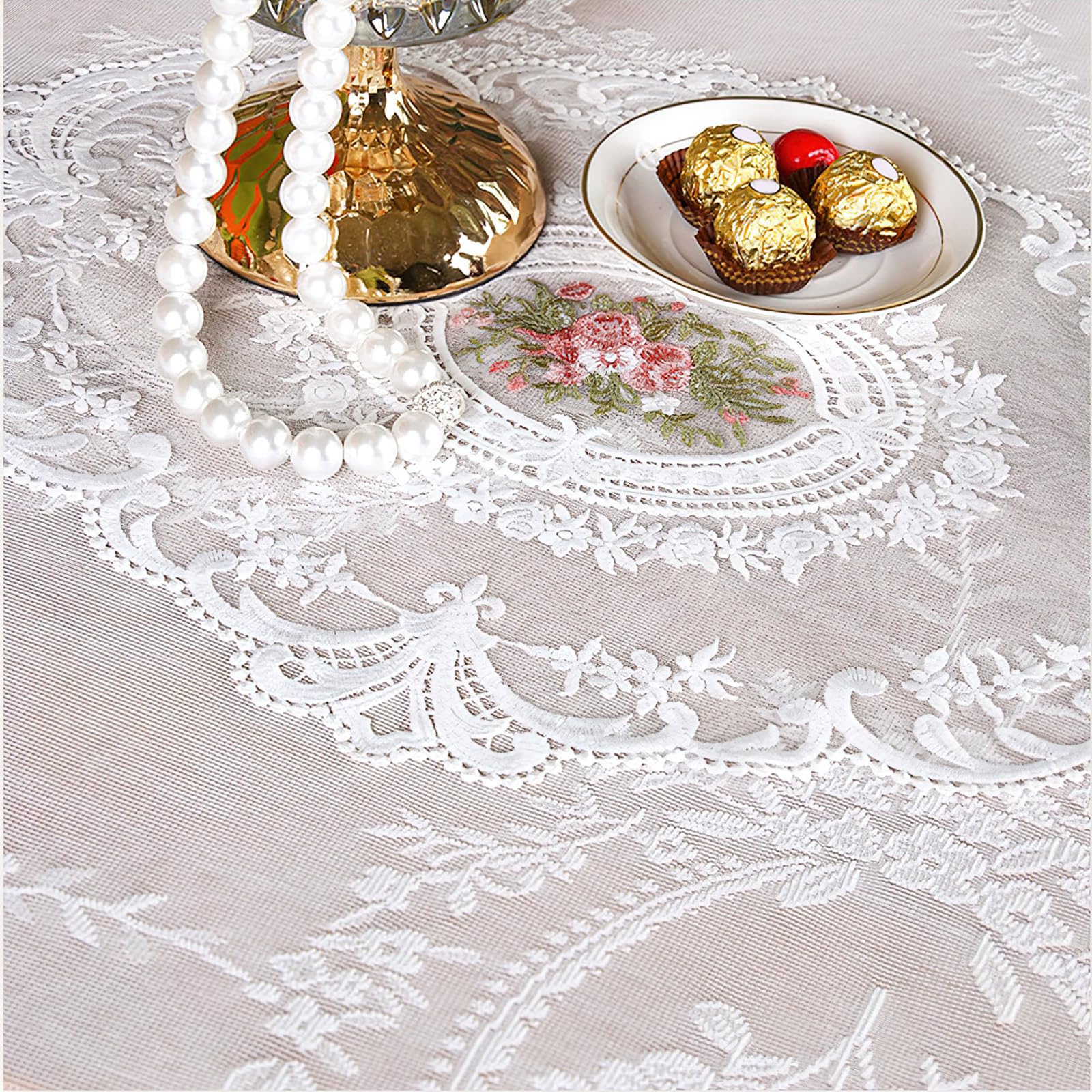 Vintage biały koronkowy obrus kwiaty haftowane falbany, kwadratowy obrus, francuski rustykalny szydełkowane falbanki, obrus na wesele, bankiet, dekoracja, 183 x 183 cm