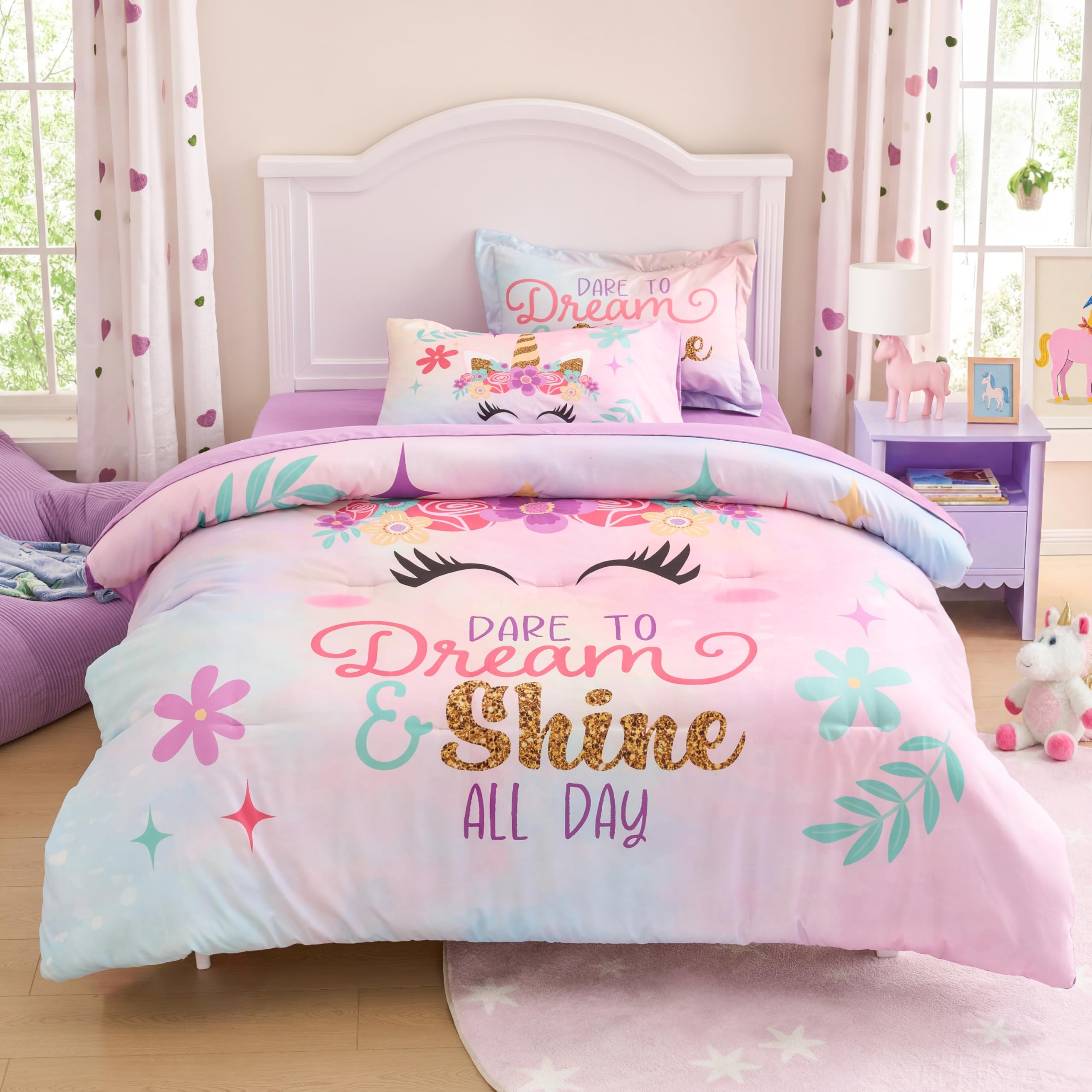 Joiedomi Kids Comforter Set Bedding Set for Boys Girls Super Soft Microfiber Bed in a Bag with Comforter Sheets Pillowcase Sham, Pink Purple Unicorn, Twin-image-29