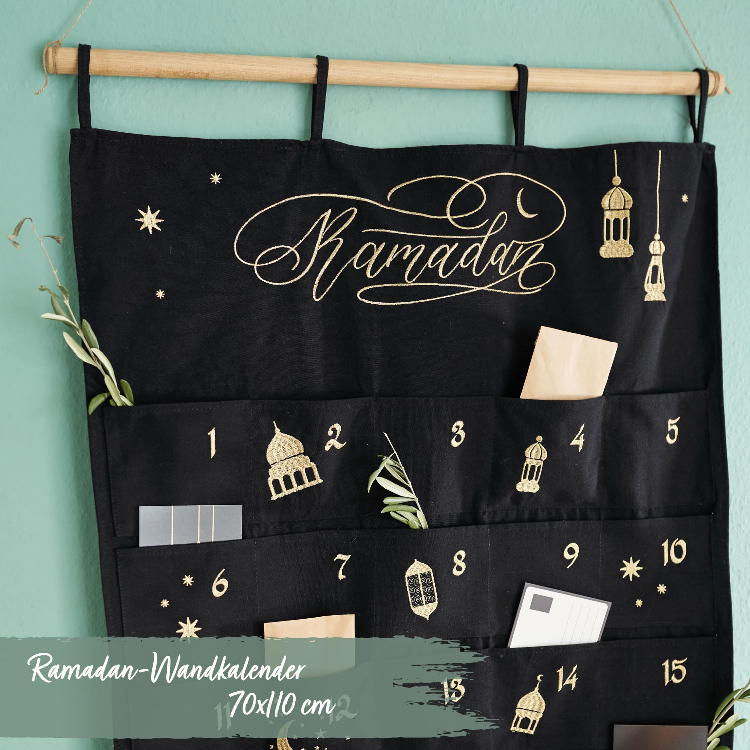 Papierdrachen Ramadan Calendar as a Wall Calendar Made of Fabric for Filling, Black, High-Quality Embroidered, Fabric Bag - Image 2