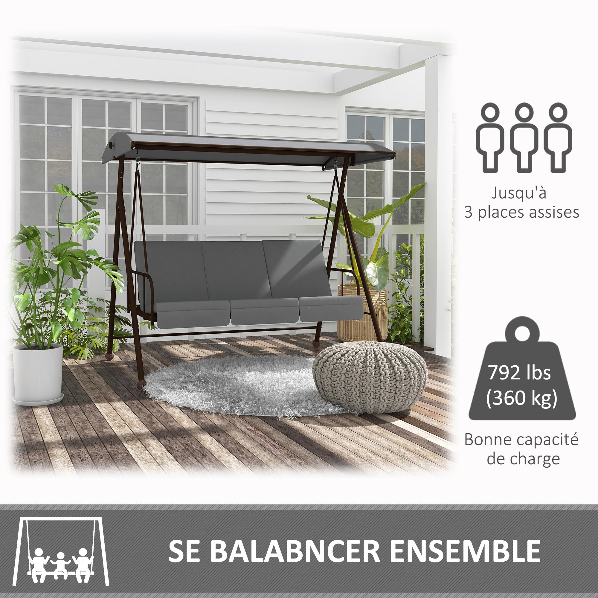 Outsunny - Balancín de jardín convertible, 3 plazas, gran comodidad con techo ajustable, 3 cojines de acero poliéster, color gris