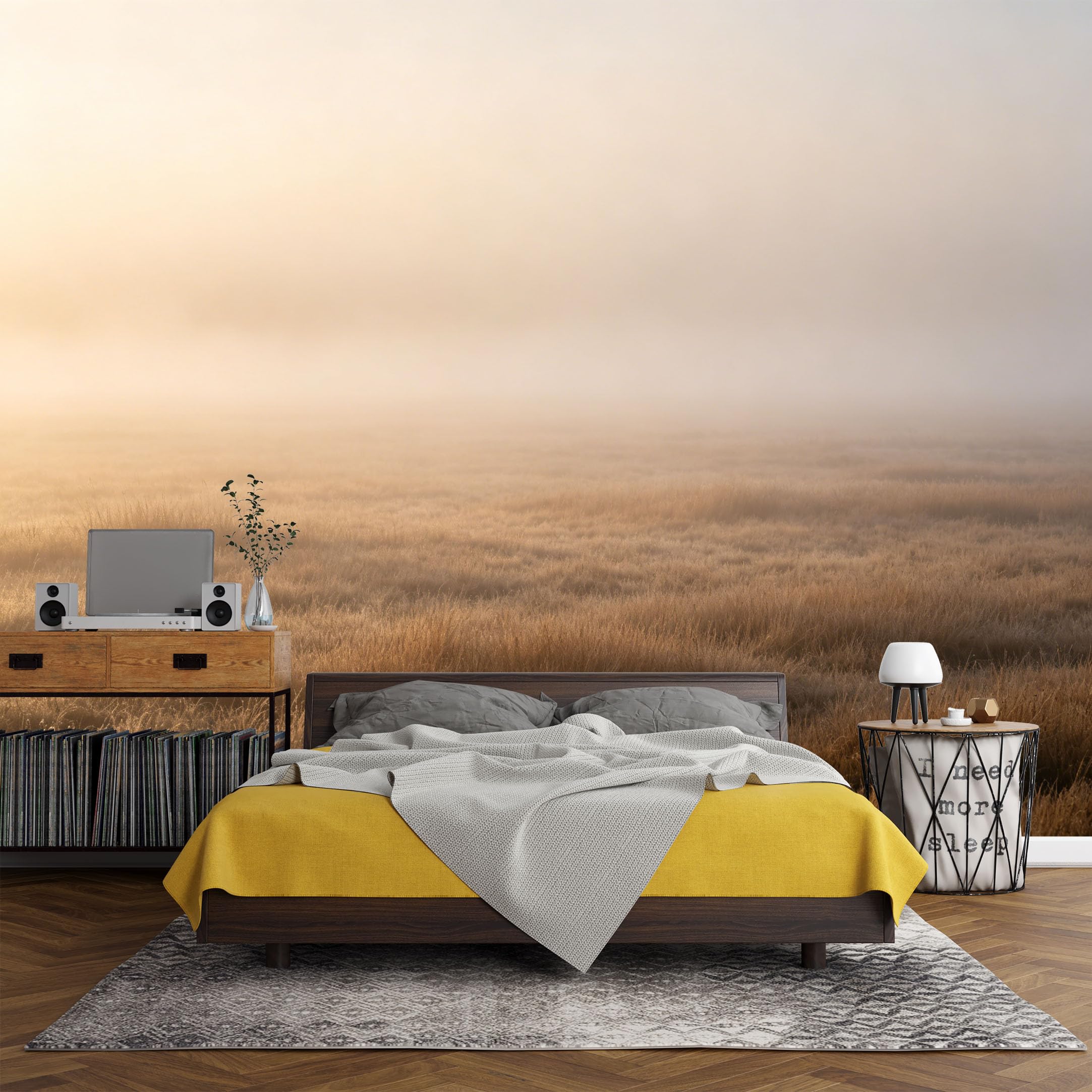 Custom Size Wall Mural， Minimalist Morning Fog Grassland Sunrise Landscape，SelfAdhesive Art Prints wall Fabric (No PVC) Removable Wallpaper Living Room Decor