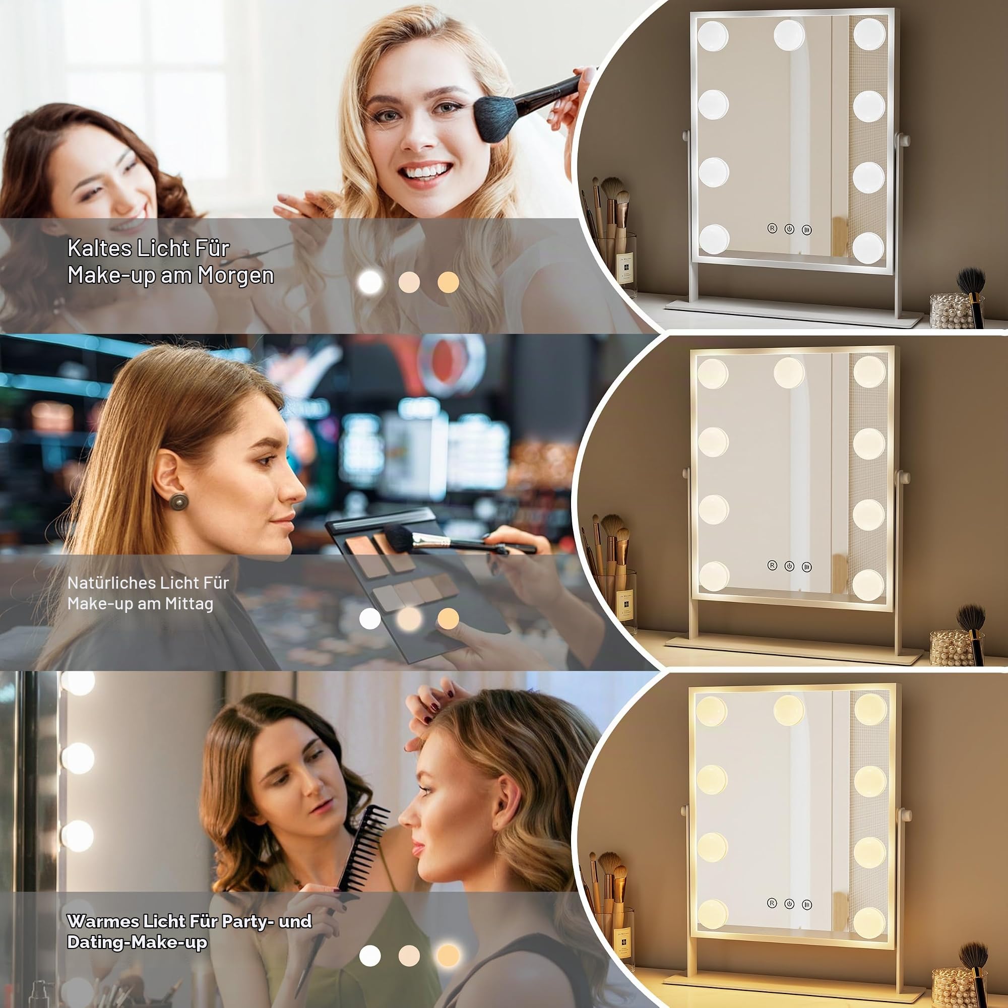 Schminkspiegel mit Beleuchtung groß – Hollywood Spiegel Schminktisch 3 Lichtfarben & Touch – Schminktisch Spiegel mit Licht drehbar – Schminkspiegel Licht – Aluminium Vanity Mirror with Light