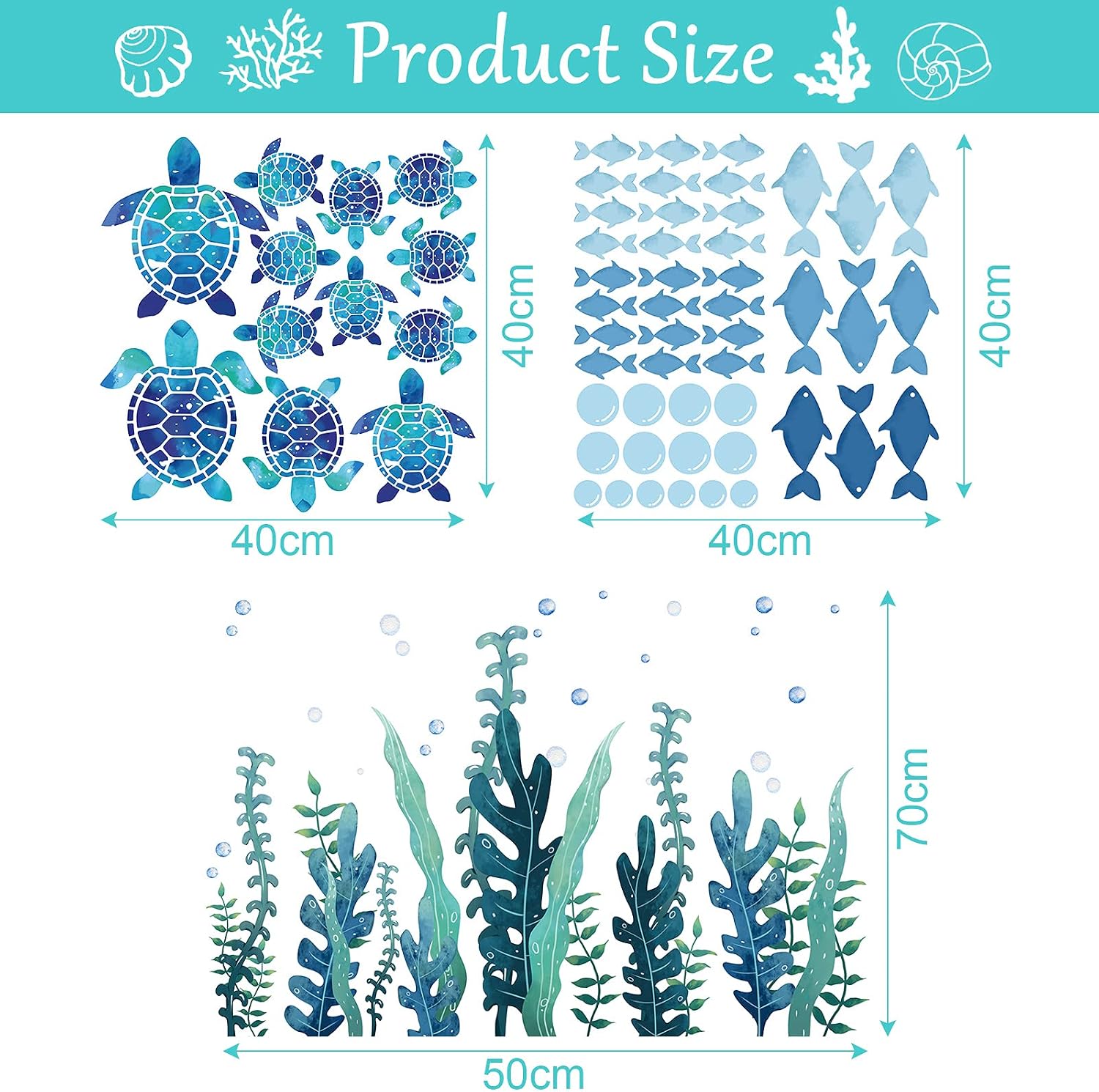 3 Sheets Ocean Wall Decal Jellyfish Fish Sea Turtle Wall Sticker Ocean World Grass Seaweed Wall Stickers Vinyl Removable Under The Sea Decor for Kids Nursery Bathroom Bedroom Toilet (Fish Style)