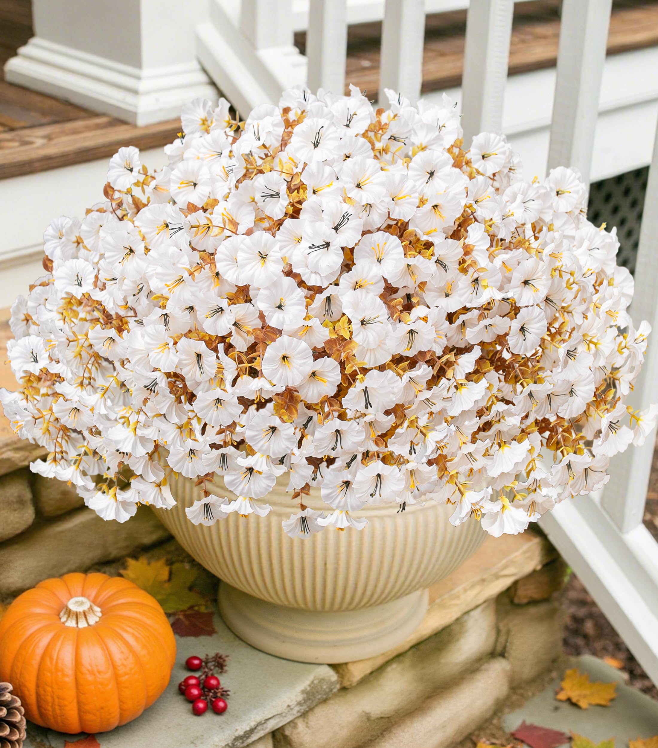 Fiori artificiali autunnali per esterni, decorazione autunnale, 12 fasci di seta bianca con effetto eucalipto, veri fiori finti resistenti ai raggi UV, per fioriere esterne, porta d'ingresso, cortile