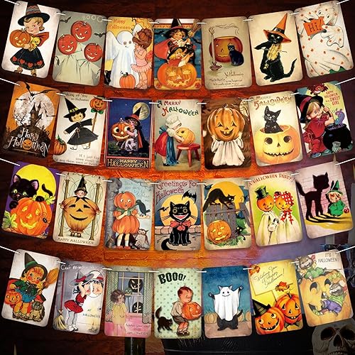 Maitys 4 piezas vintage de decoración de Halloween, pancarta colgante de calabaza, bruja, gato, guirnalda de banderines para fiestas de Halloween,