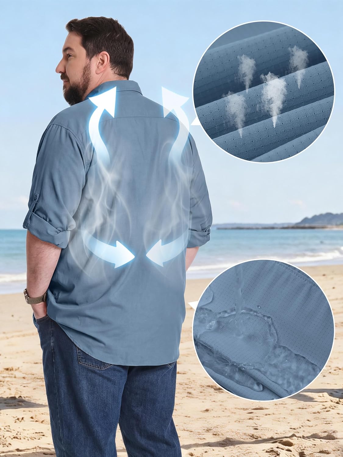 Men's Big and Tall Long Sleeve Hiking Shirt Quick Dry Fishing Shirt for Men UPF50+ Sun Protection Safari Work Shirt