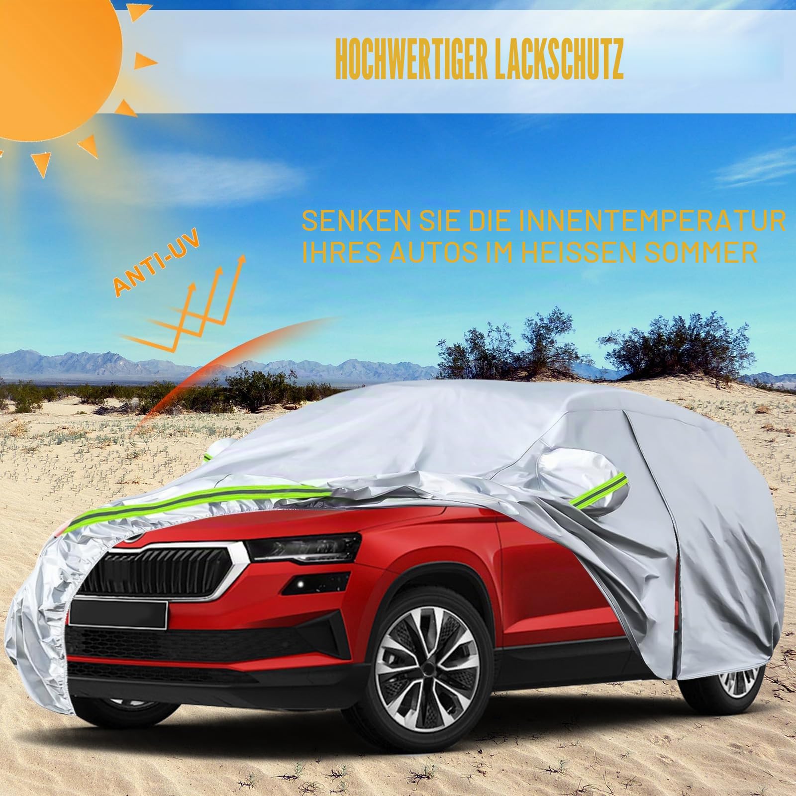 Auto Abdeckung Geeignet für Skoda Karoq 2017-2025 | Autoabdeckung Auto Abdeckplane mit Türreißverschluss Schloss und winddichten Bändern für Sonne Schnee Regen Staubschutz