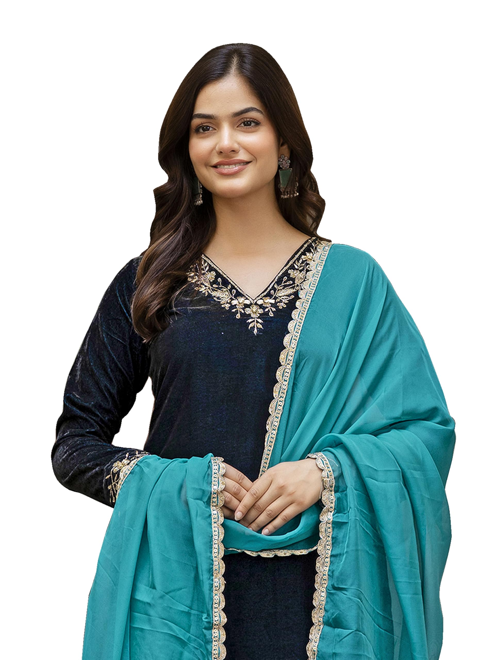 trendmalls Women's Velvet Embroidery Salwar Suit Set Kurta Pant with Dupatta Morpeach Kurta Set for Women-picture-39