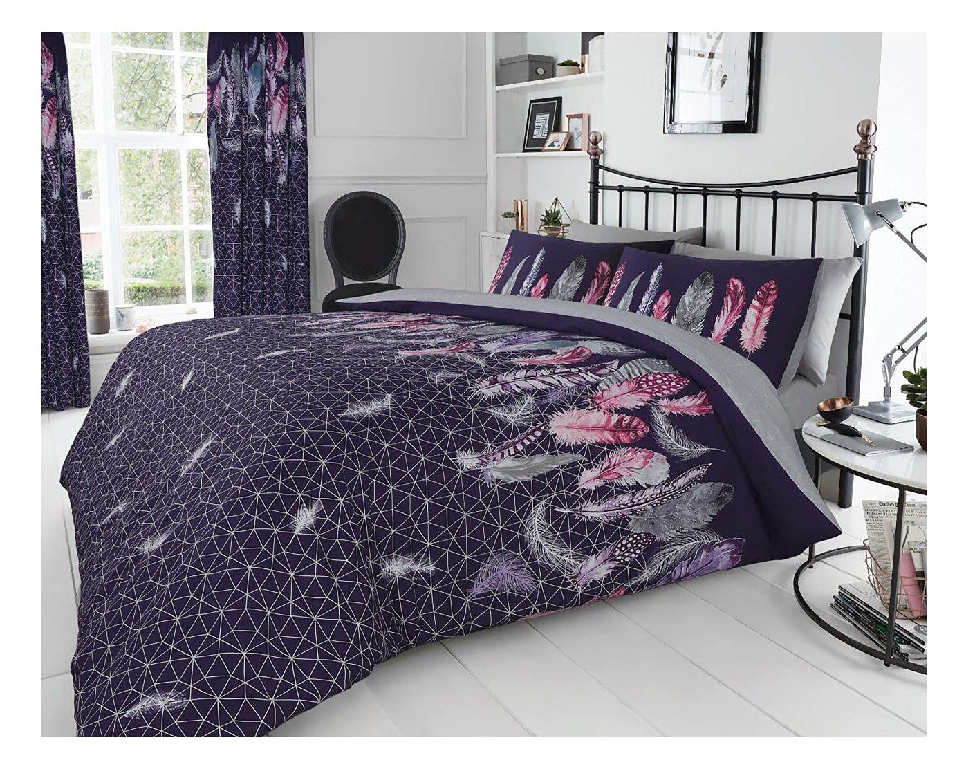 FAIRWAYUK FAIRWAUK Feathers Bedding Bed Set - Double Duvet Cover with Matching Pillowcase, Ultra Soft Reversible Easy Care Quilt Covers, Poly Cotton, Purple 200x200cm