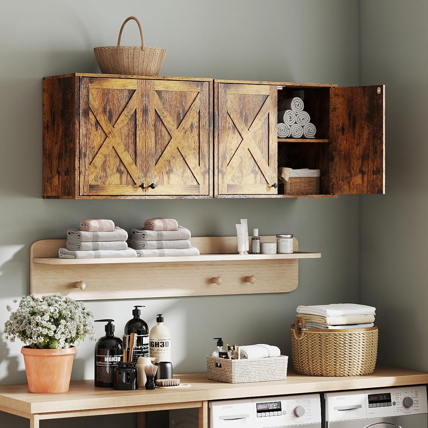 YOURLITE Laundry Cabinet, Medicine Cabinet, Bathroom Kitchen Storage Wall Mounted Farmhouse Organizer with Shelves Over Toilet, One Set of 2 Pieces X 24"